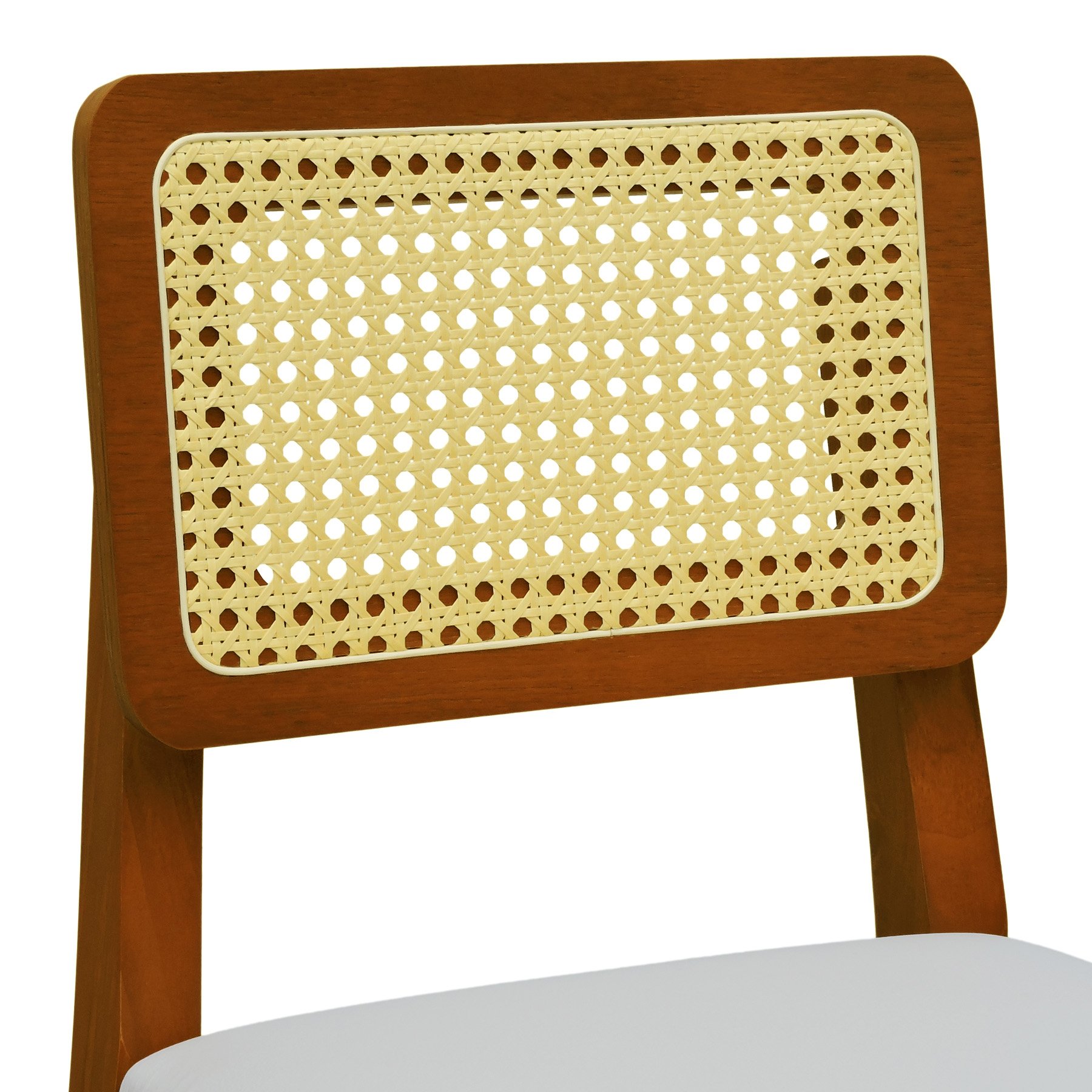 Banqueta Gabi Madeira Maciça Encosto Telinha c/ 68cm Altura - Amêndoa Assento Estofado Corano Bege