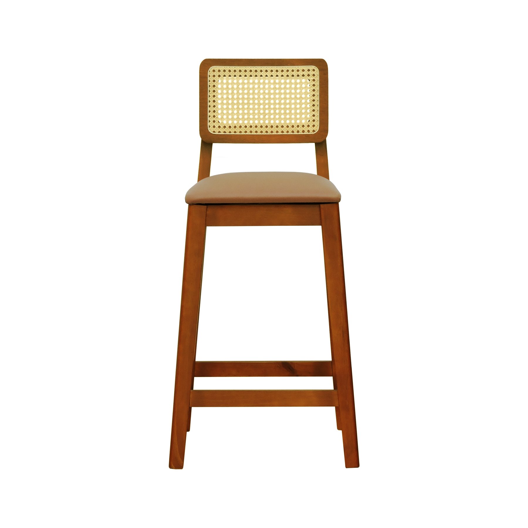 Banqueta Gabi Madeira Maciça Encosto Telinha c/ 68cm Altura - Amêndoa Assento Estofado Corano Caramelo