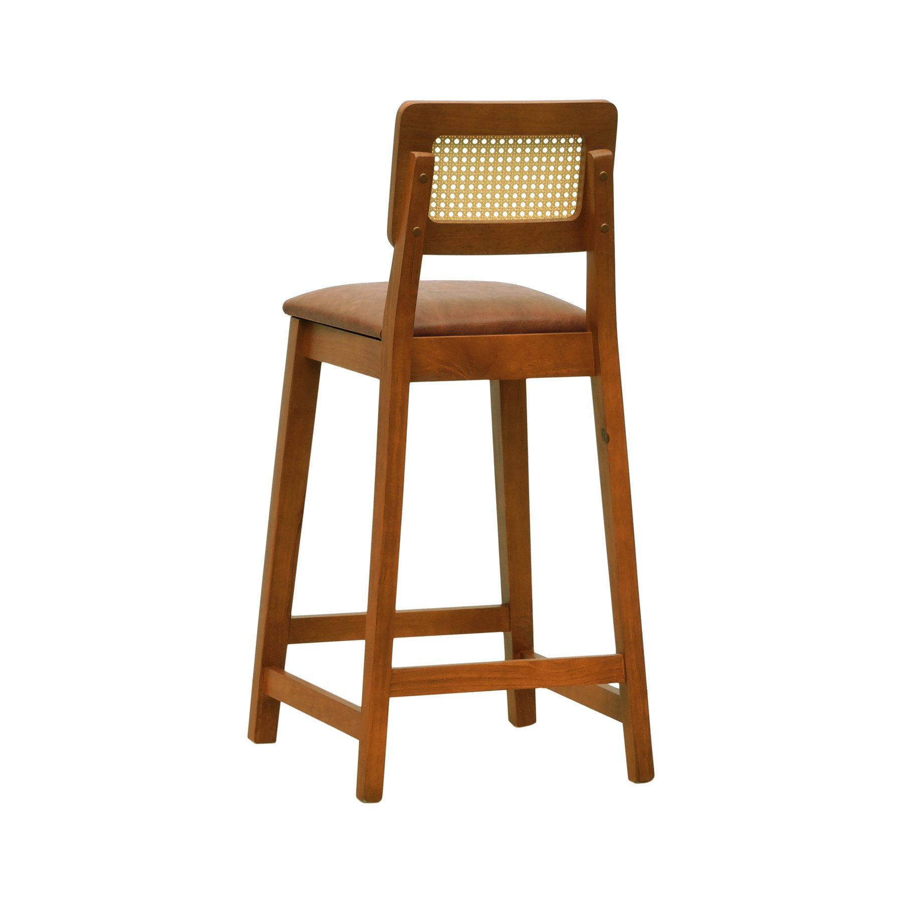 Banqueta Gabi Madeira Maciça Encosto Telinha c/ 68cm Altura - Amêndoa Assento Estofado Corano Marrom Mescla