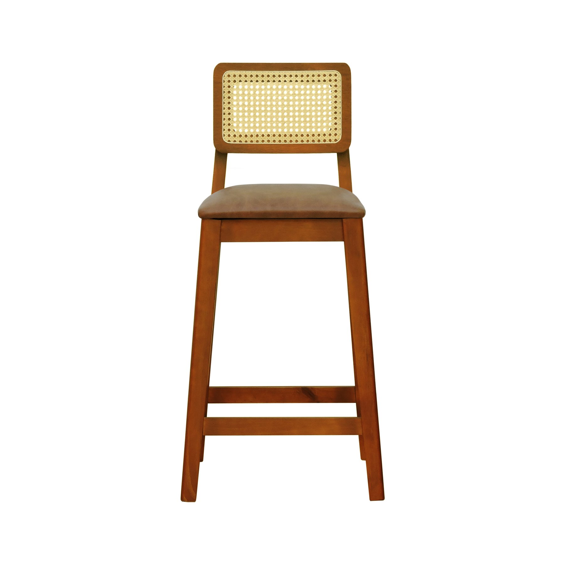 Banqueta Gabi Madeira Maciça Encosto Telinha c/ 68cm Altura - Amêndoa Assento Estofado Corano Marrom Mescla