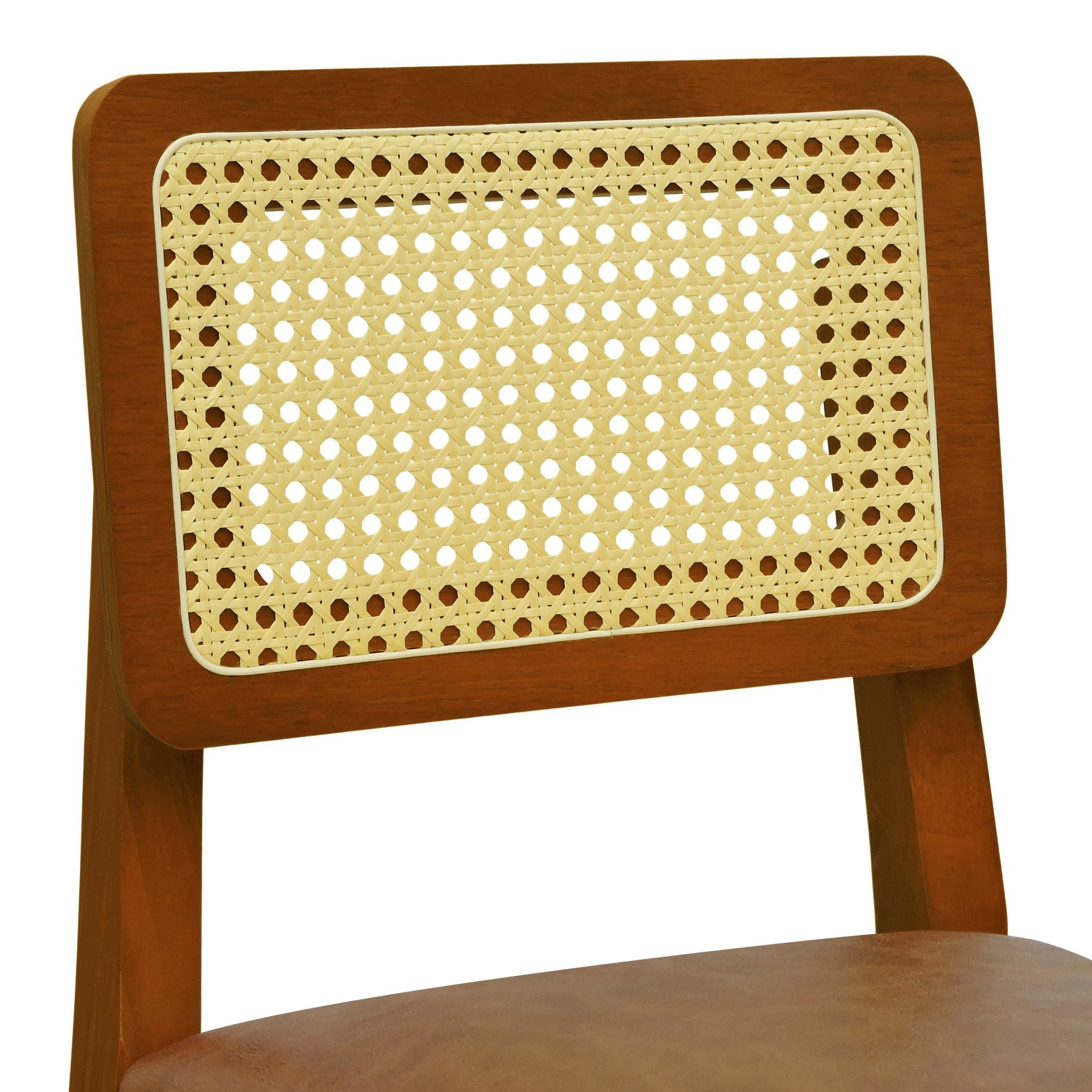 Banqueta Gabi Madeira Maciça Encosto Telinha c/ 68cm Altura - Amêndoa Assento Estofado Corano Marrom Mescla