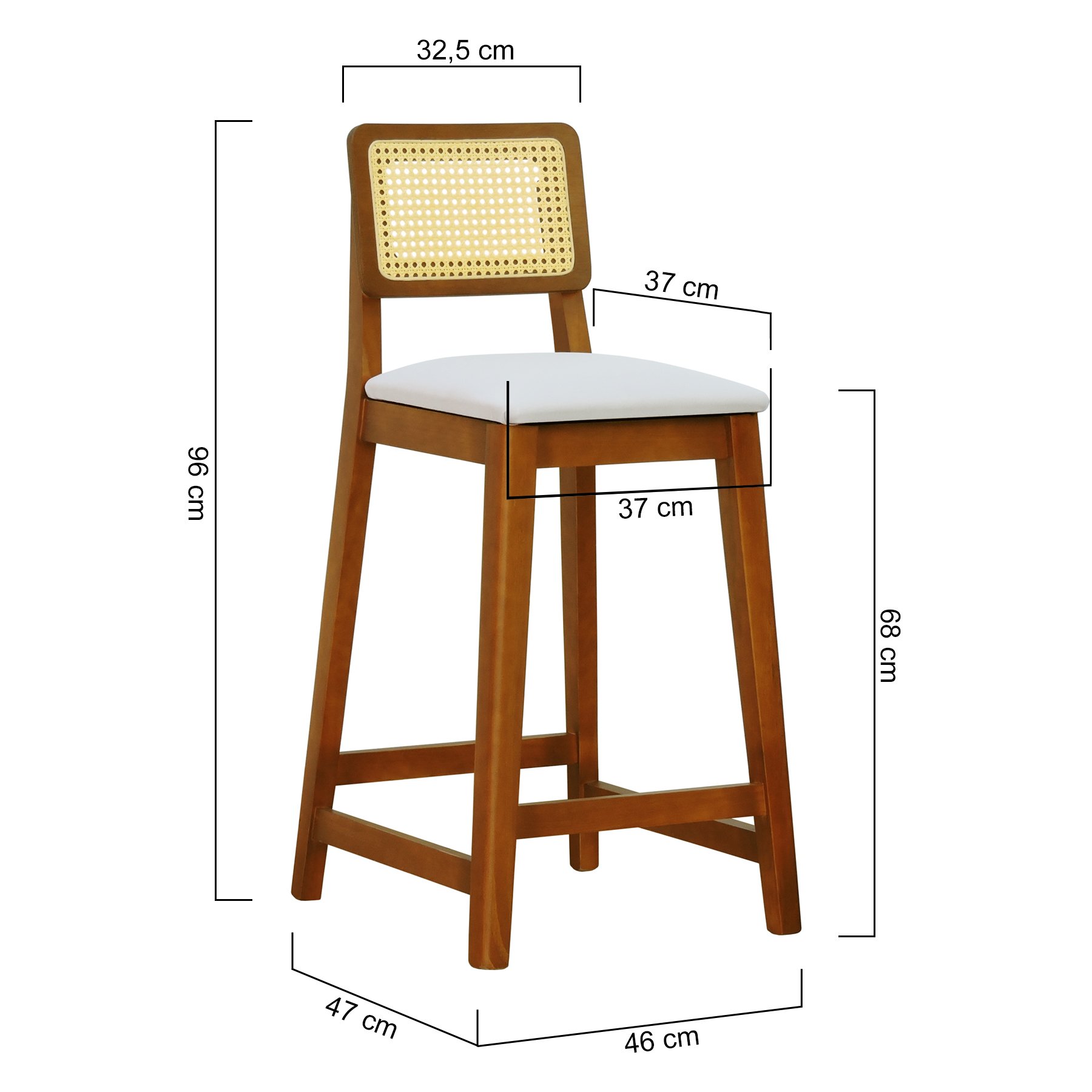Banqueta Gabi Madeira Maciça Encosto Telinha c/ 68cm Altura - Amêndoa Assento Estofado Linho Bege