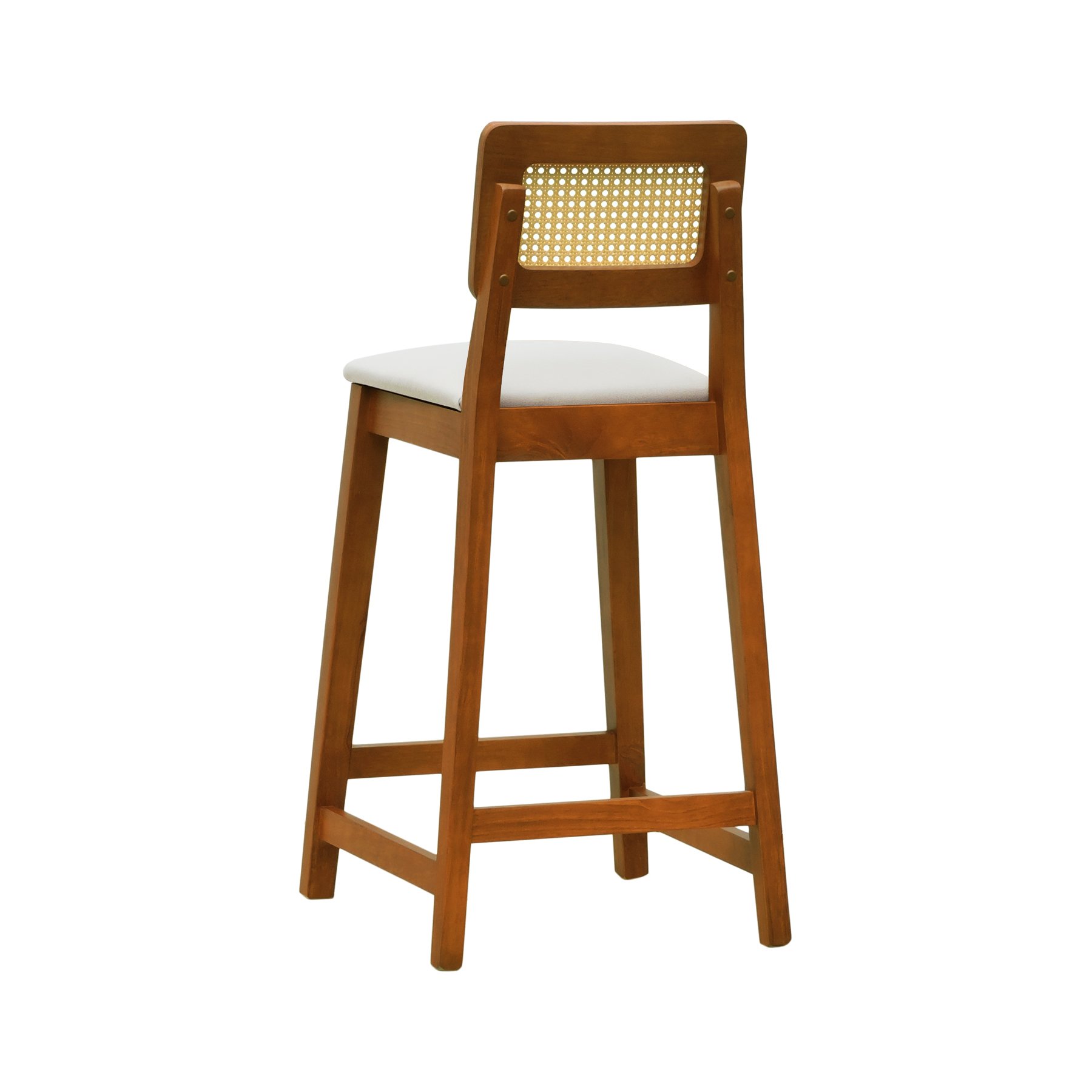 Banqueta Gabi Madeira Maciça Encosto Telinha c/ 68cm Altura - Amêndoa Assento Estofado Linho Bege