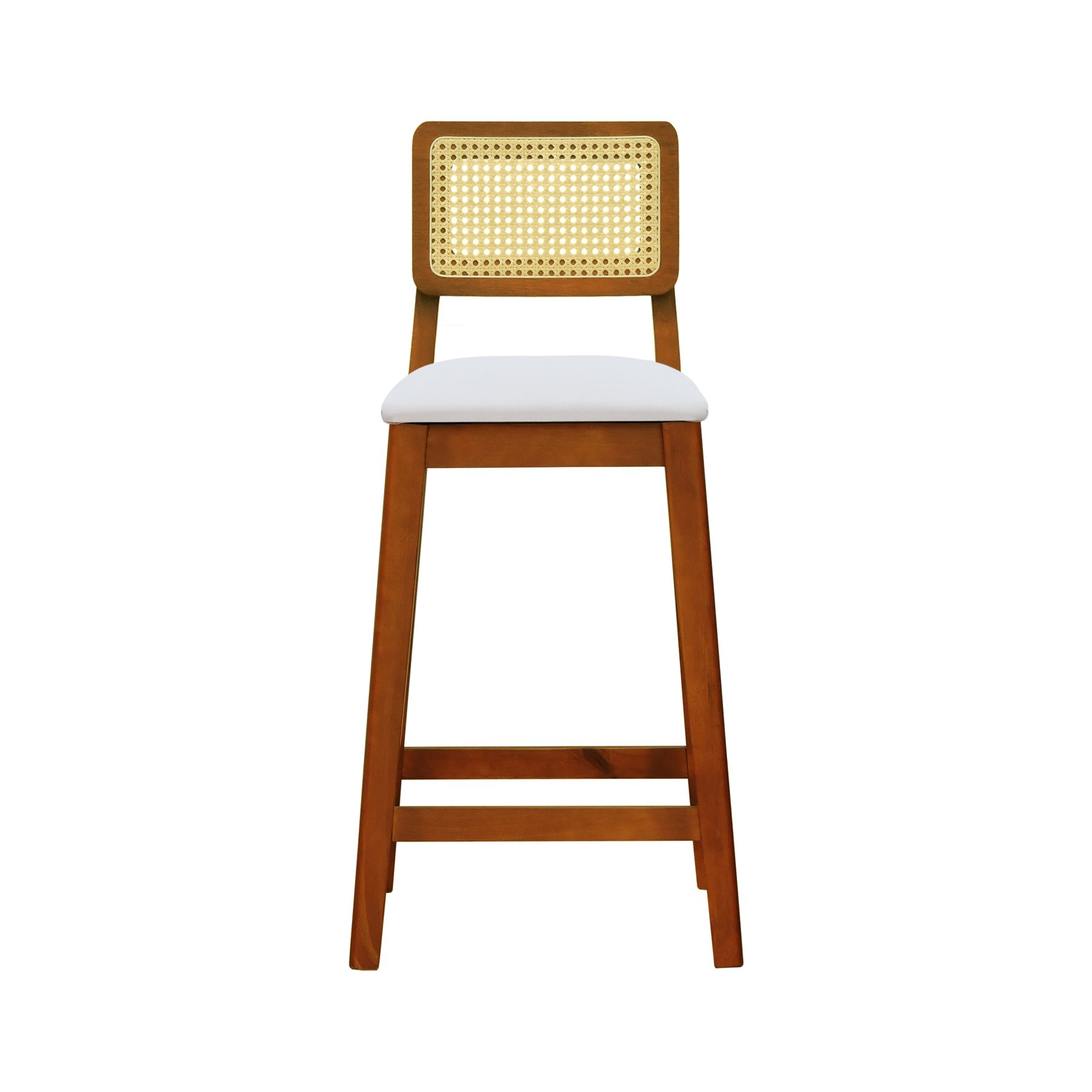 Banqueta Gabi Madeira Maciça Encosto Telinha c/ 68cm Altura - Amêndoa Assento Estofado Linho Bege