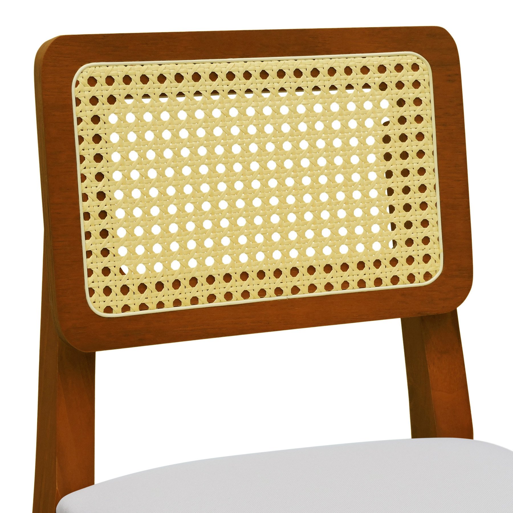 Banqueta Gabi Madeira Maciça Encosto Telinha c/ 68cm Altura - Amêndoa Assento Estofado Linho Bege