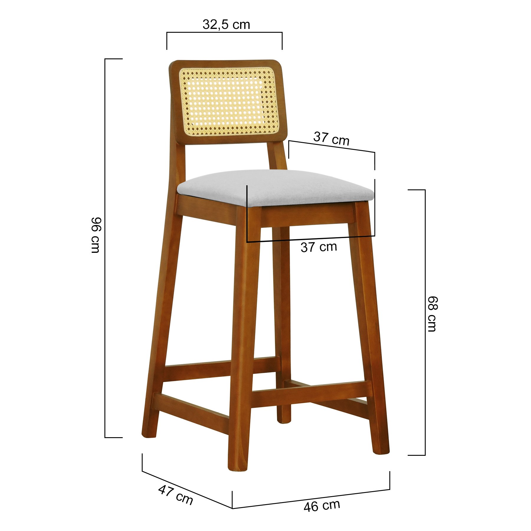 Banqueta Gabi Madeira Maciça Encosto Telinha c/ 68cm Altura - Amêndoa Assento Estofado Linho Bege Mescla Impermeável