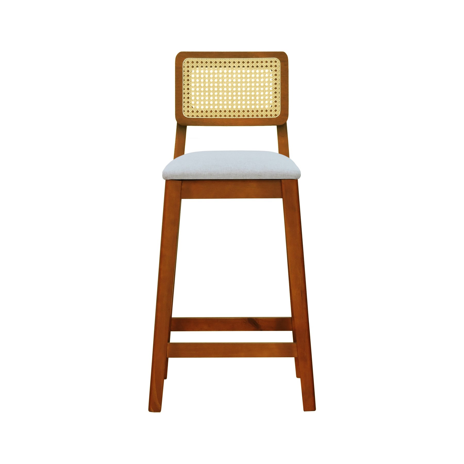 Banqueta Gabi Madeira Maciça Encosto Telinha c/ 68cm Altura - Amêndoa Assento Estofado Linho Bege Mescla Impermeável
