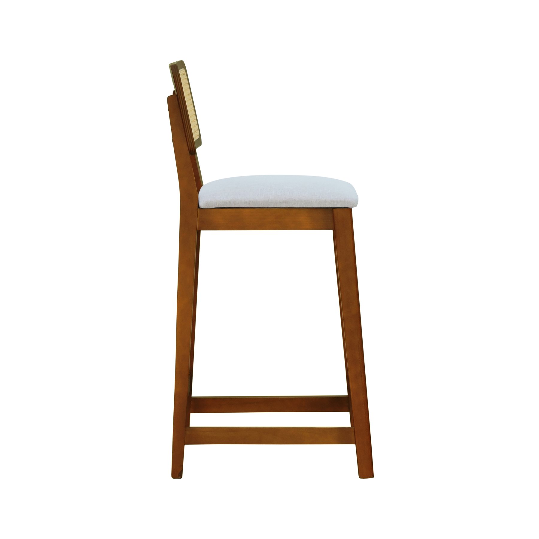 Banqueta Gabi Madeira Maciça Encosto Telinha c/ 68cm Altura - Amêndoa Assento Estofado Linho Bege Mescla Impermeável