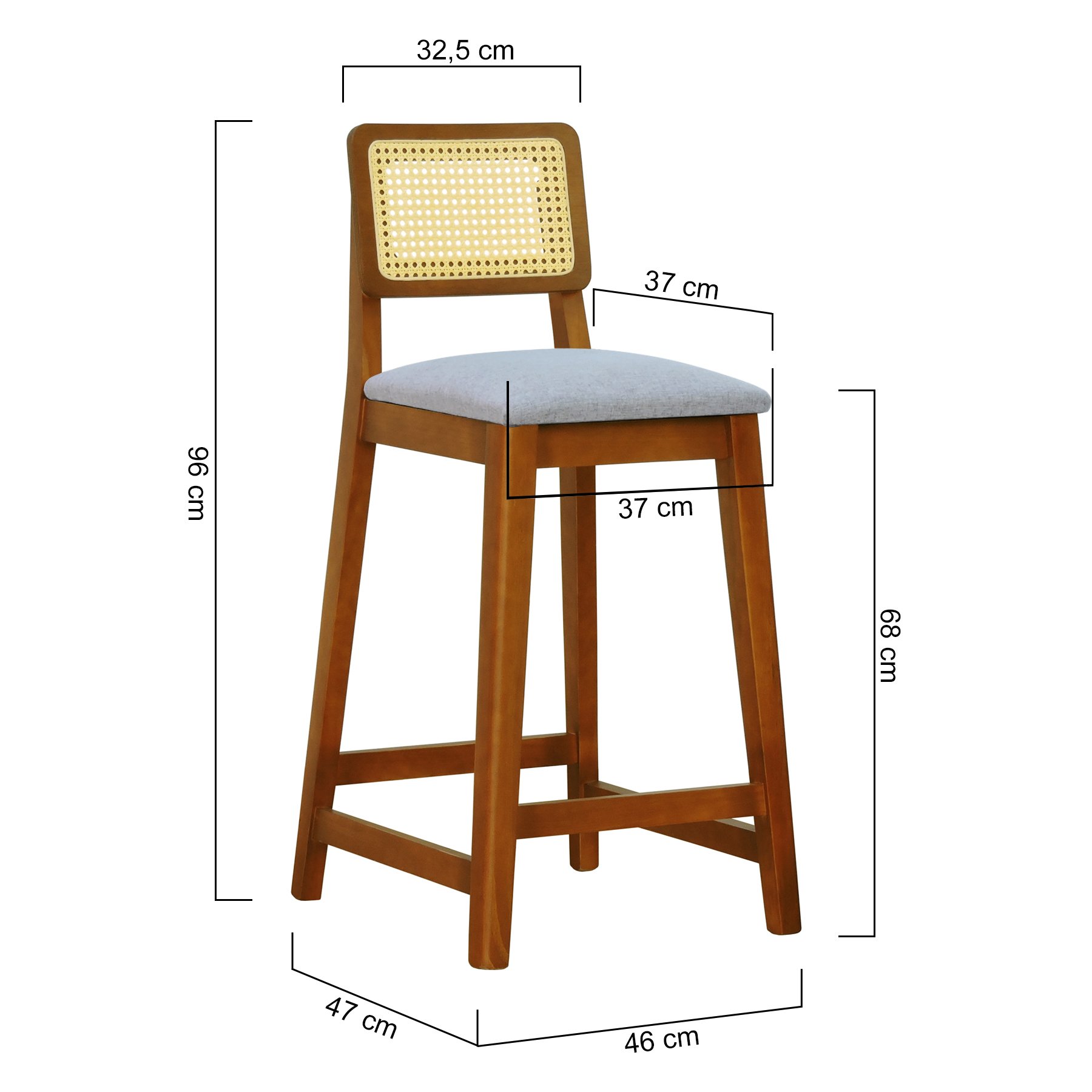 Banqueta Gabi Madeira Maciça Encosto Telinha c/ 68cm Altura - Amêndoa Assento Estofado Linho Cinza Mescla Impermeável