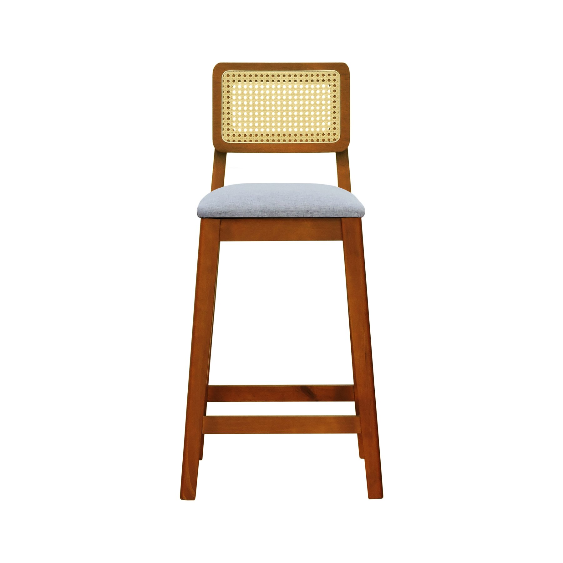Banqueta Gabi Madeira Maciça Encosto Telinha c/ 68cm Altura - Amêndoa Assento Estofado Linho Cinza Mescla Impermeável
