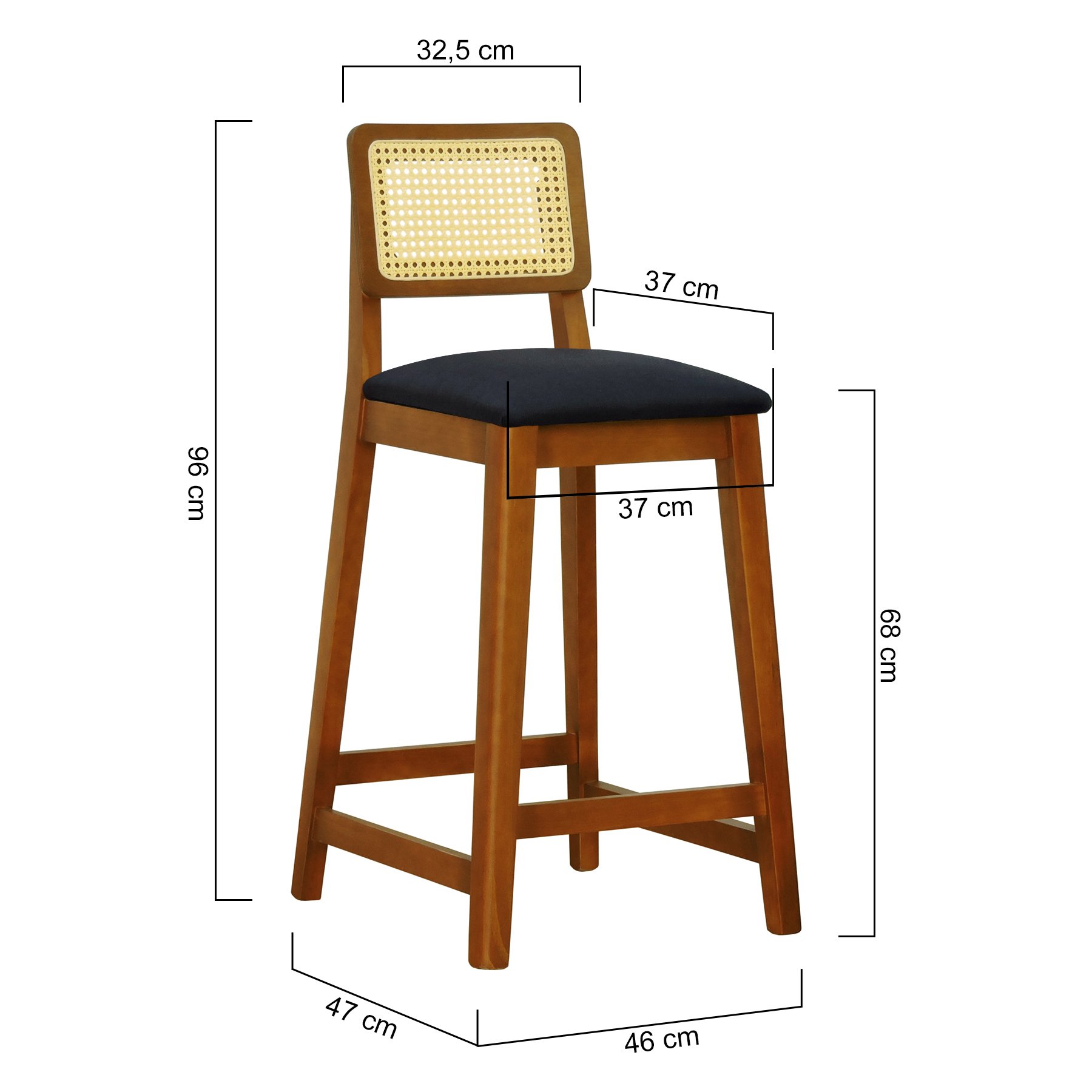 Banqueta Gabi Madeira Maciça Encosto Telinha c/ 68cm Altura - Amêndoa Assento Estofado Linho Preto Textura