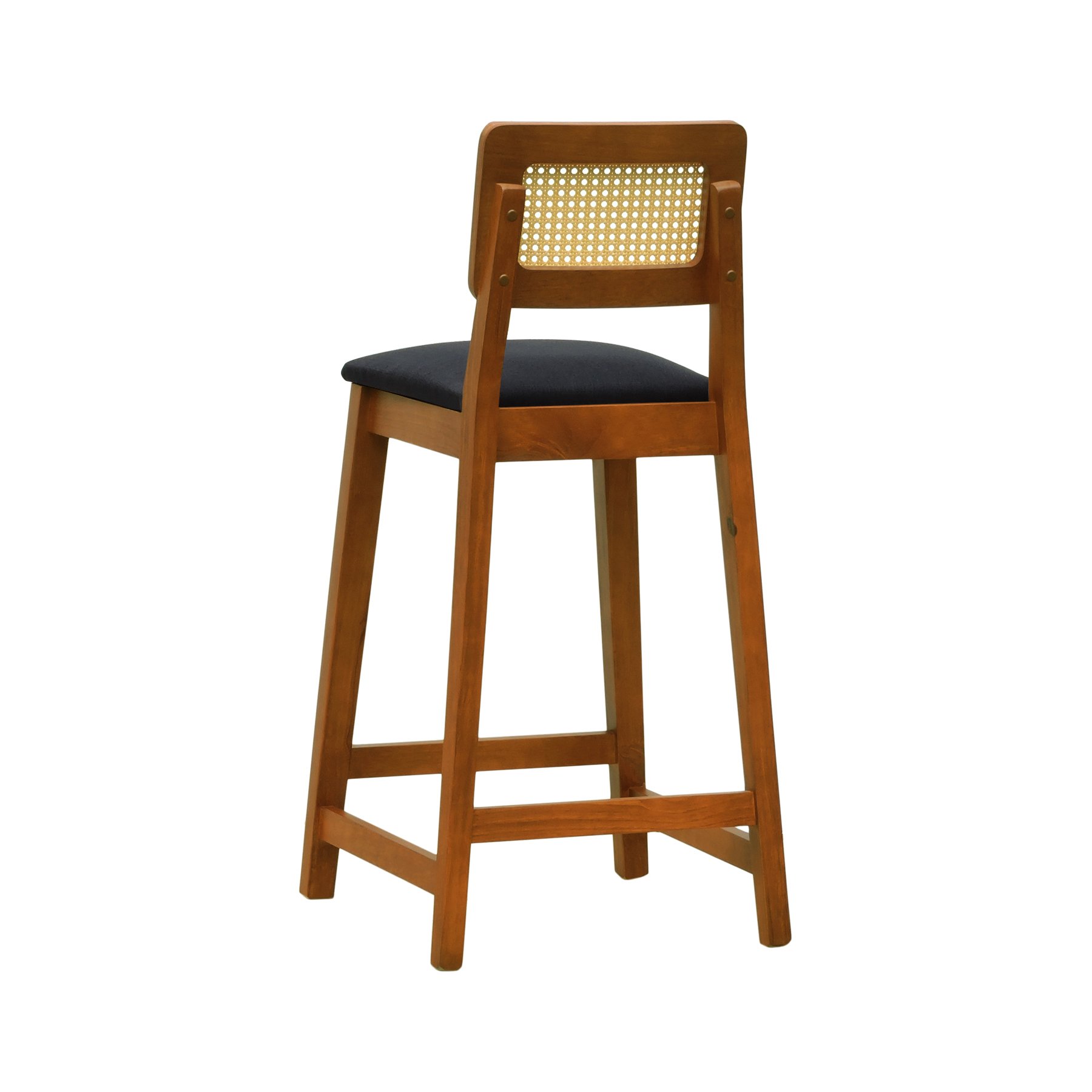 Banqueta Gabi Madeira Maciça Encosto Telinha c/ 68cm Altura - Amêndoa Assento Estofado Linho Preto Textura