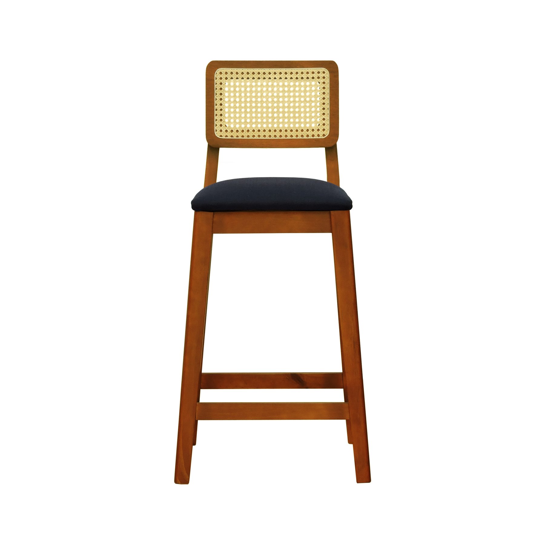 Banqueta Gabi Madeira Maciça Encosto Telinha c/ 68cm Altura - Amêndoa Assento Estofado Linho Preto Textura