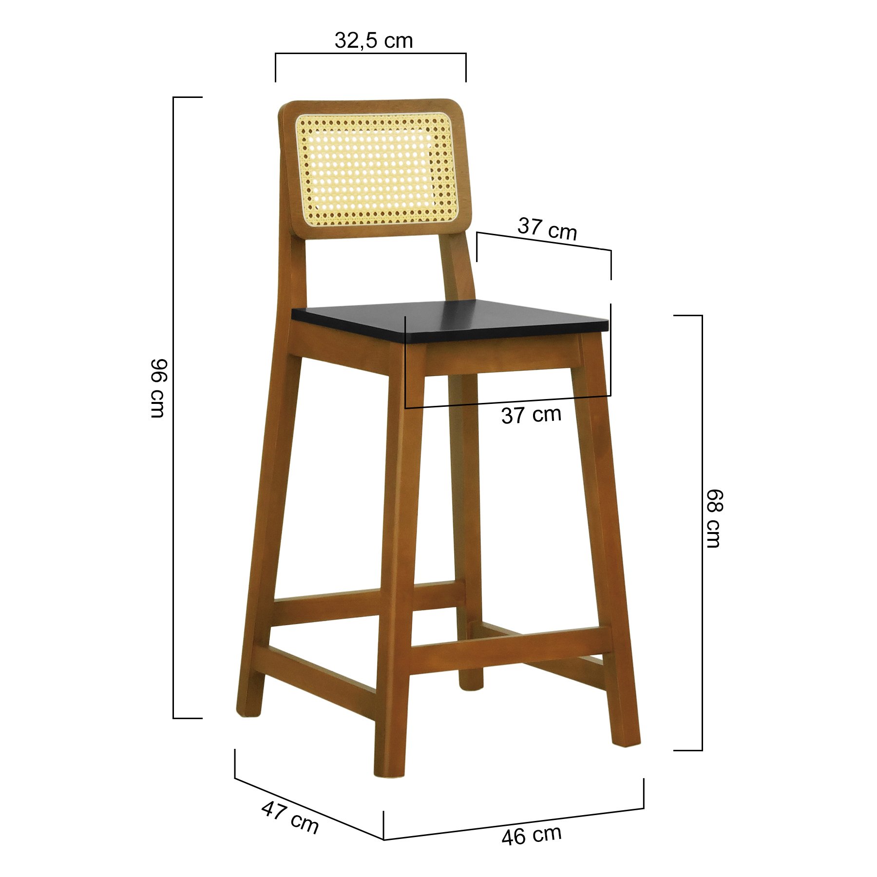 Banqueta Gabi Madeira Maciça Encosto Telinha c/ 68cm Altura - Amêndoa Assento Preto Madeira