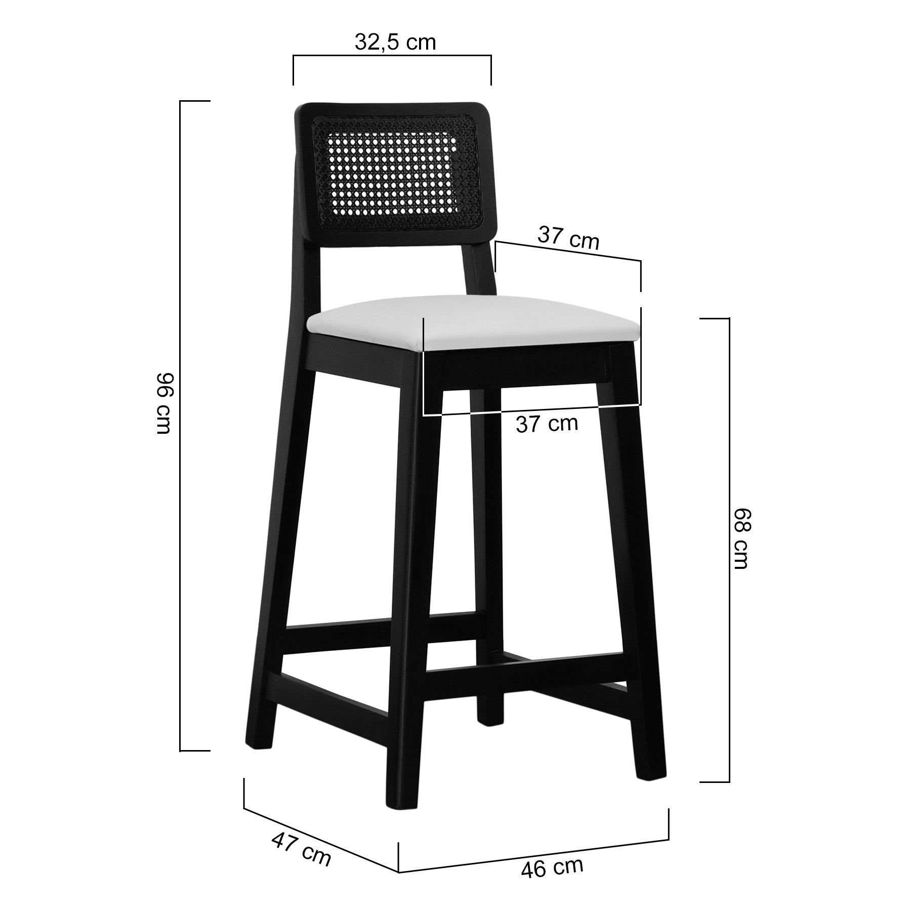 Banqueta Gabi Madeira Maciça Encosto c/ Telinha c/ 68cm Altura - Preto Assento Estofado Corano Bege