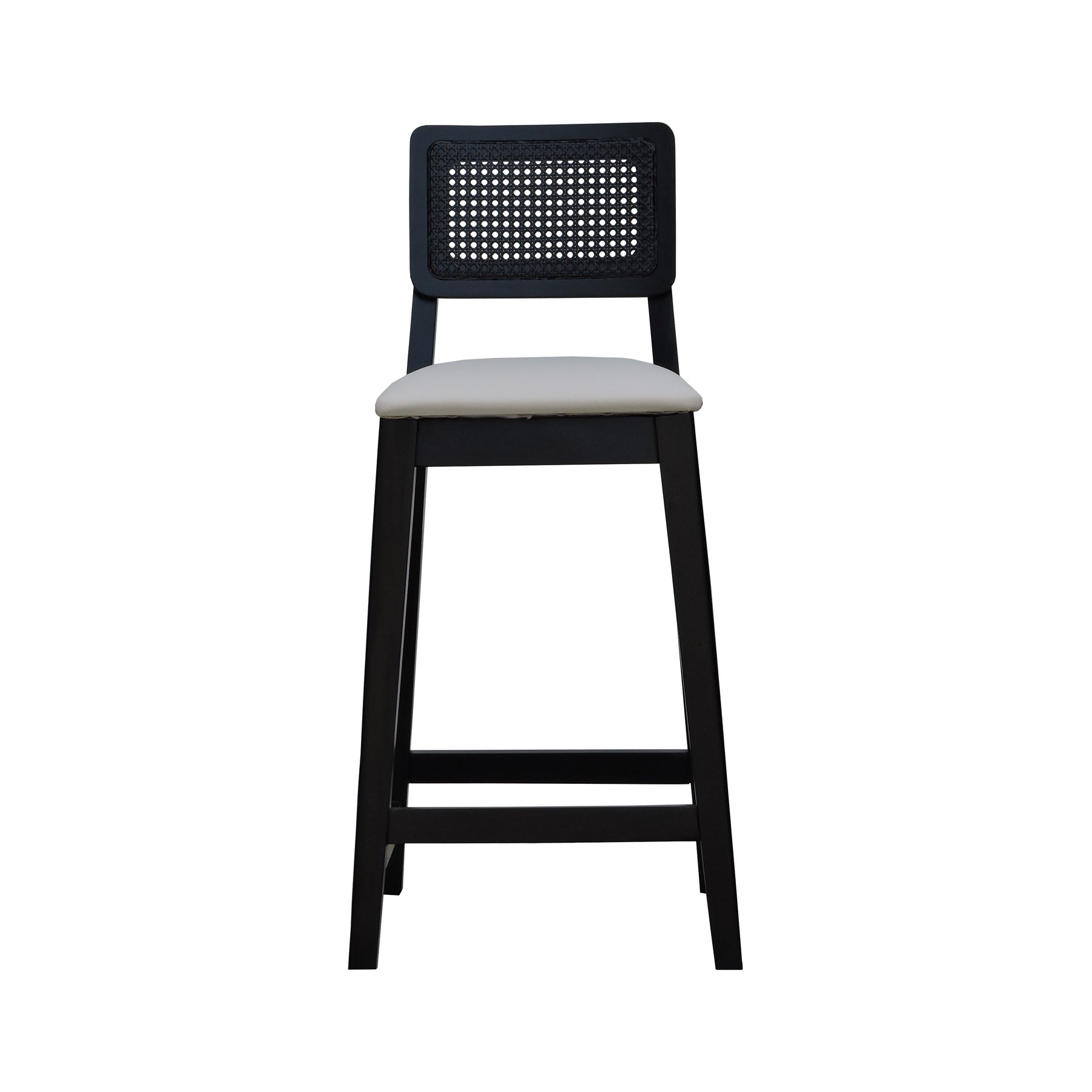 Banqueta Gabi Madeira Maciça Encosto c/ Telinha c/ 68cm Altura - Preto Assento Estofado Corano Bege
