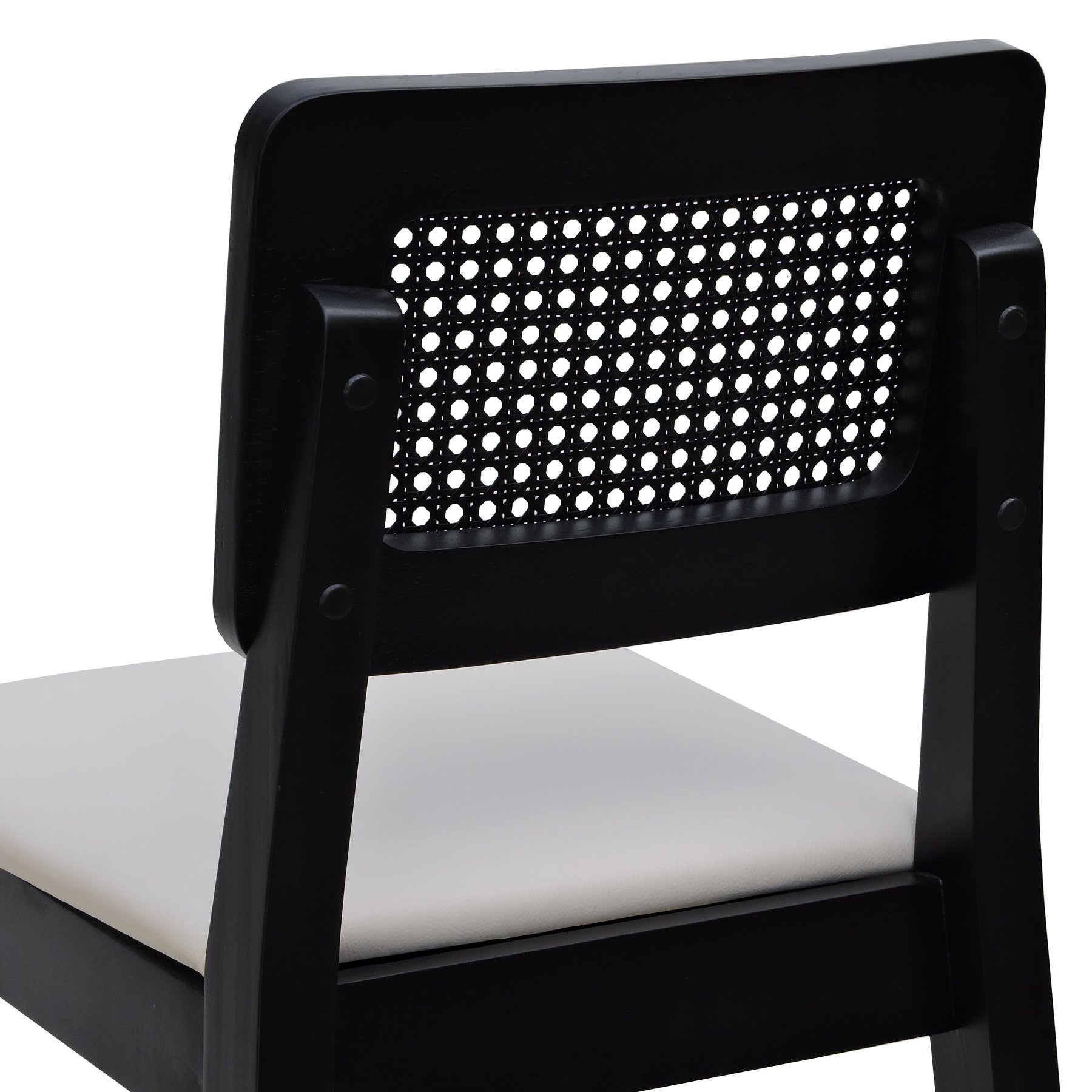 Banqueta Gabi Madeira Maciça Encosto c/ Telinha c/ 68cm Altura - Preto Assento Estofado Corano Bege