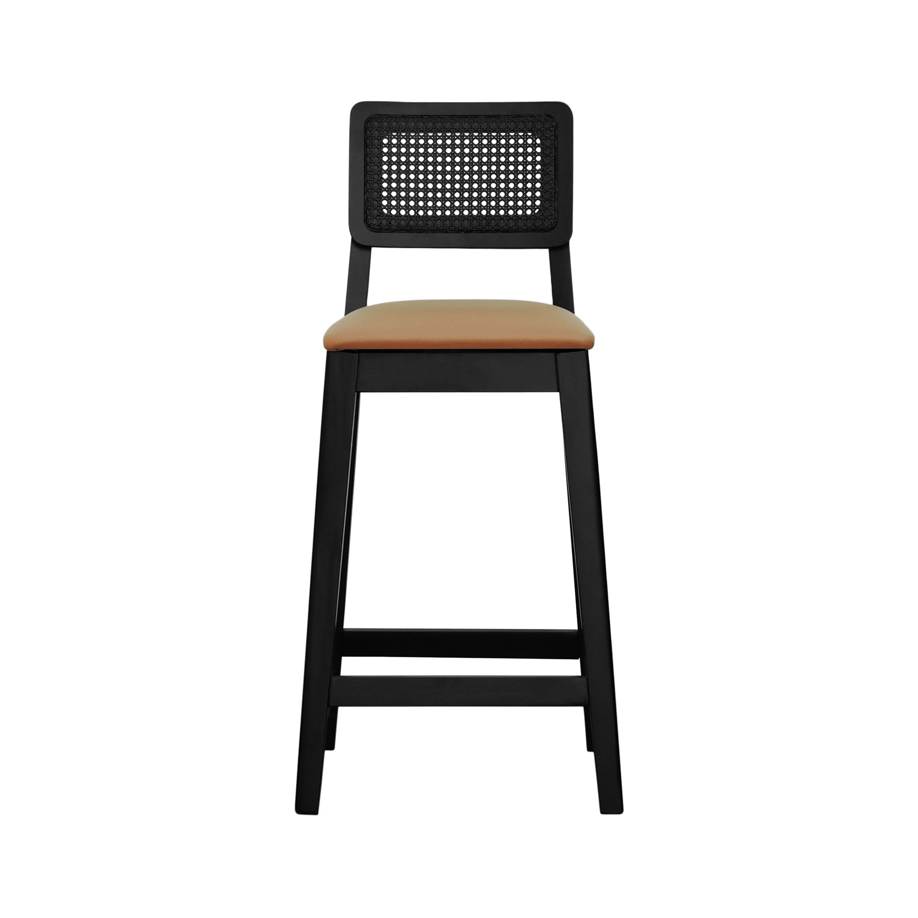 Banqueta Gabi Madeira Maciça Encosto c/ Telinha c/ 68cm Altura - Preto Assento Estofado Corano Caramelo