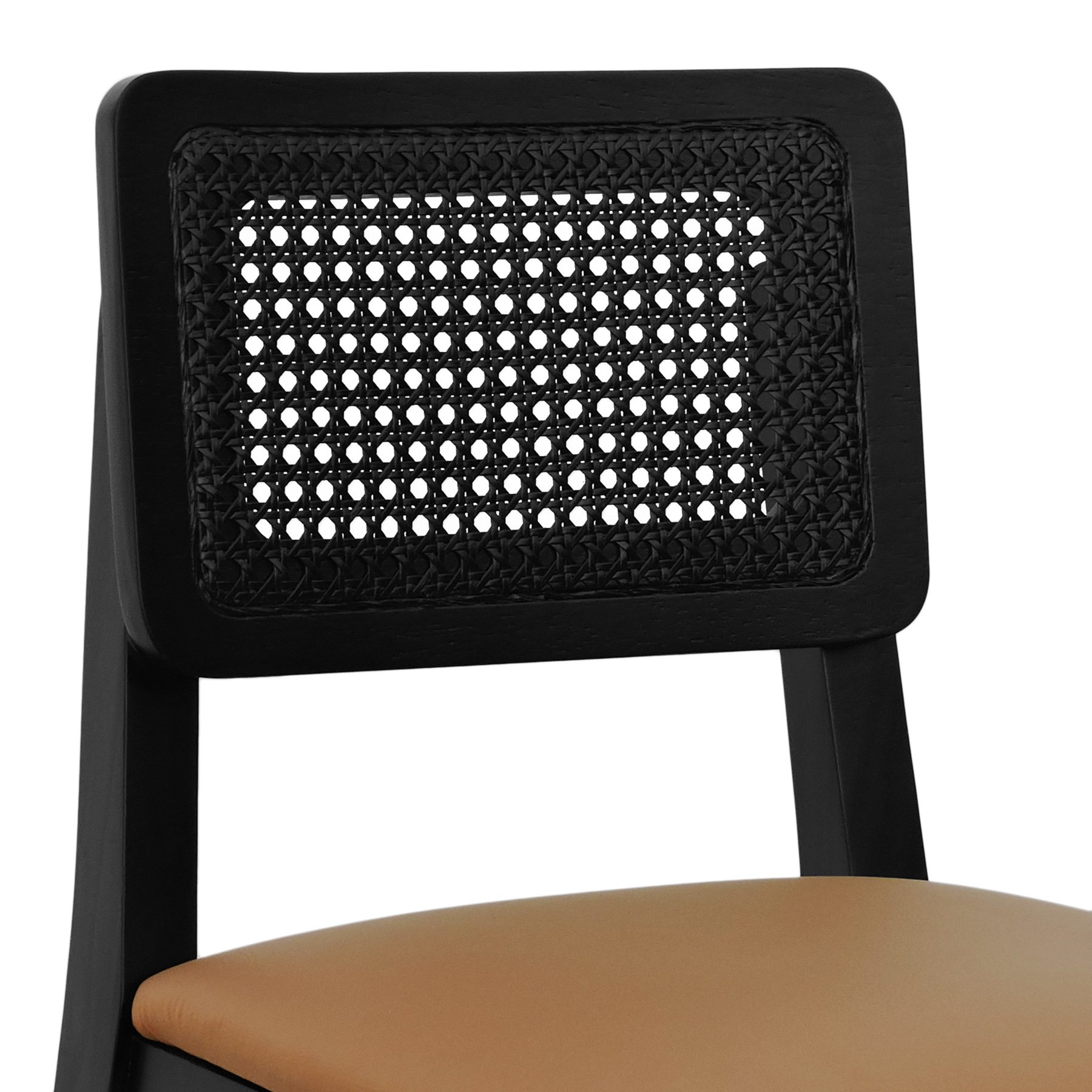 Banqueta Gabi Madeira Maciça Encosto c/ Telinha c/ 68cm Altura - Preto Assento Estofado Corano Caramelo