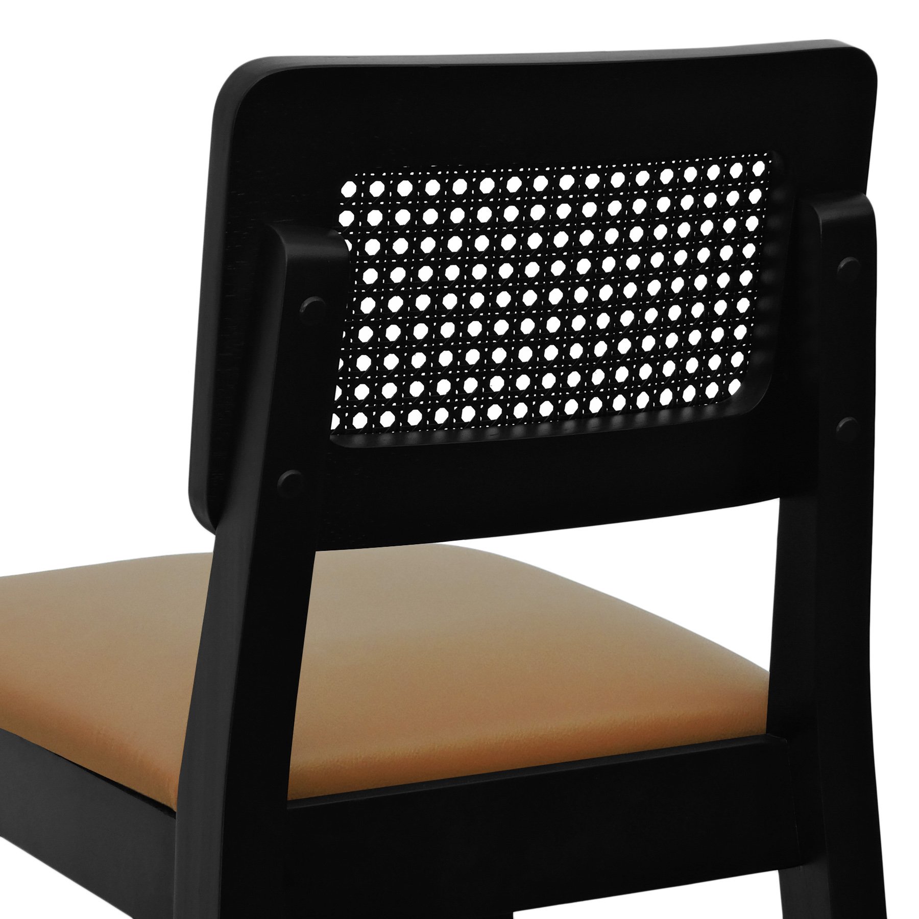 Banqueta Gabi Madeira Maciça Encosto c/ Telinha c/ 68cm Altura - Preto Assento Estofado Corano Caramelo