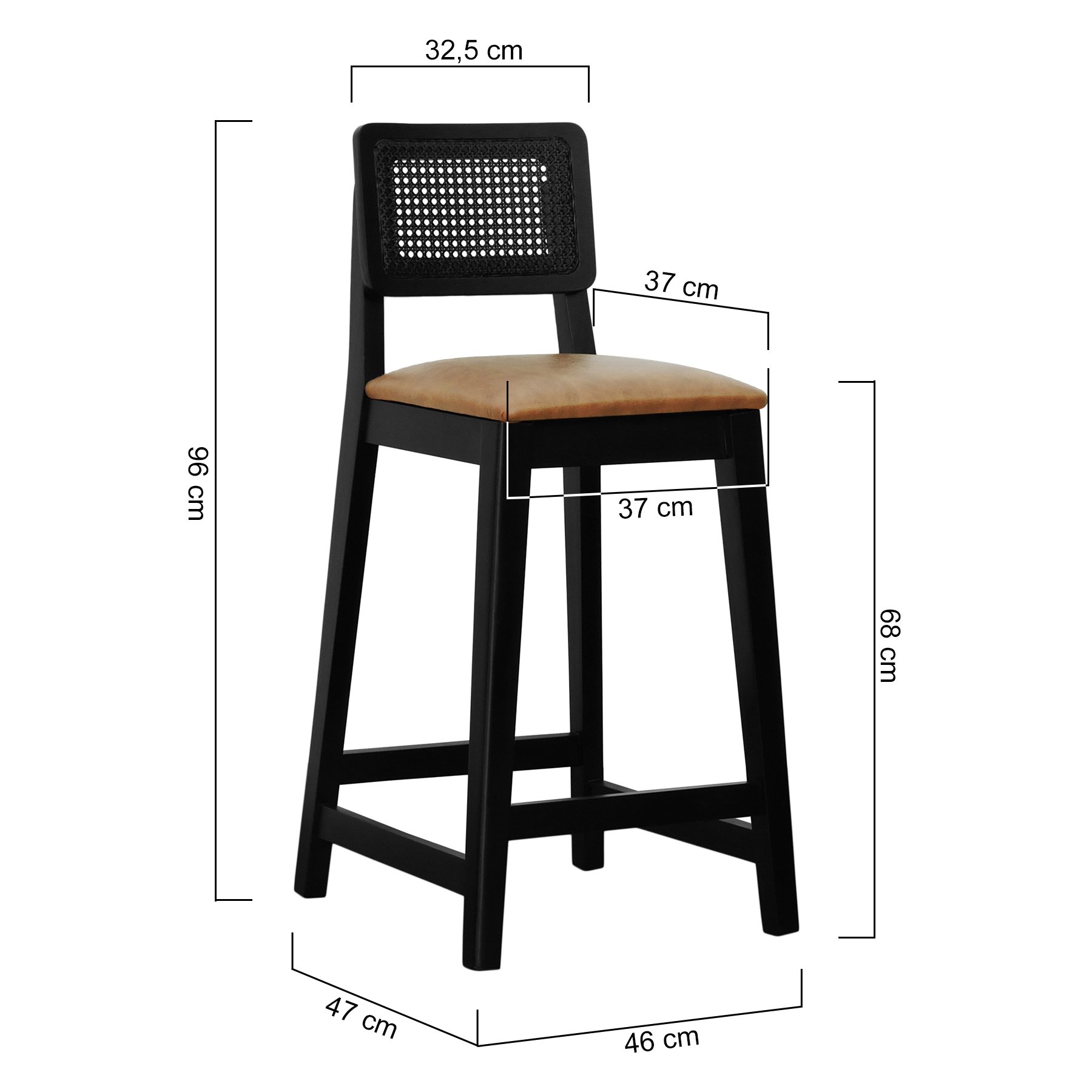 Banqueta Gabi Madeira Maciça Encosto c/ Telinha c/ 68cm Altura - Preto Assento Estofado Corano Marrom Mescla