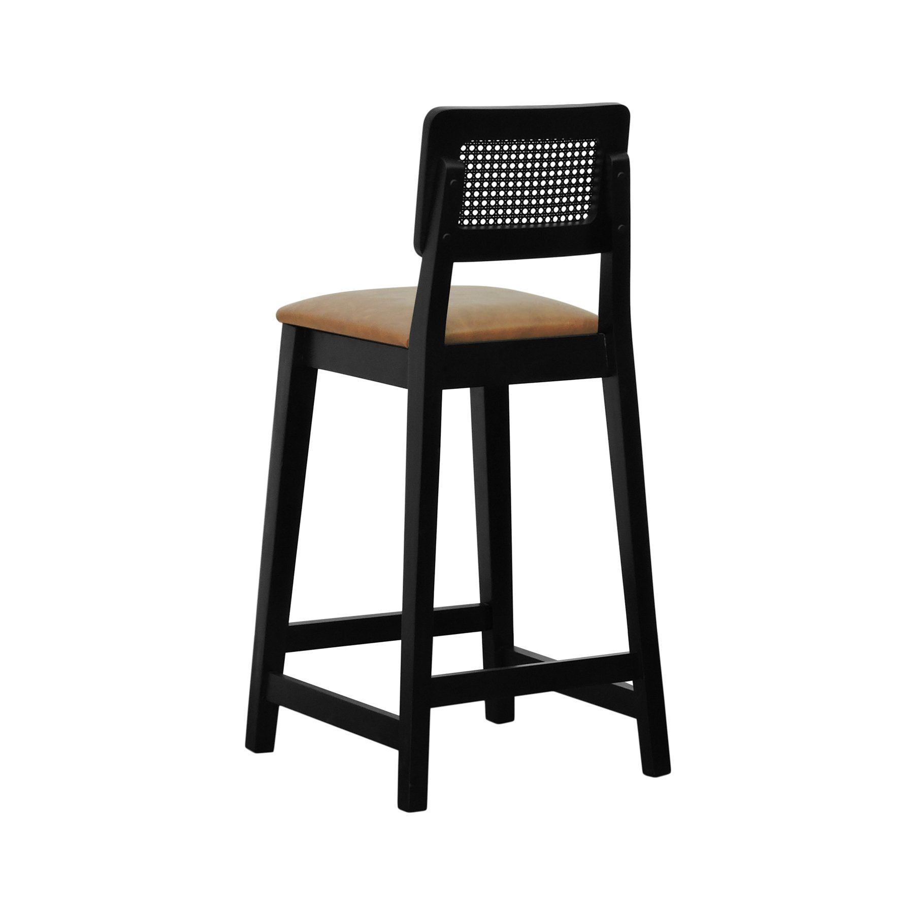 Banqueta Gabi Madeira Maciça Encosto c/ Telinha c/ 68cm Altura - Preto Assento Estofado Corano Marrom Mescla
