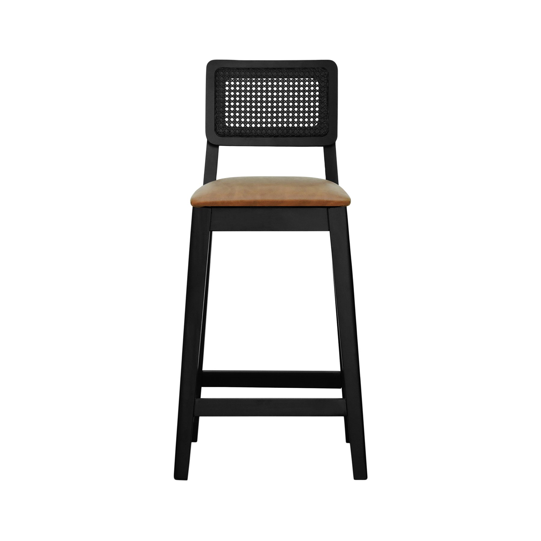 Banqueta Gabi Madeira Maciça Encosto c/ Telinha c/ 68cm Altura - Preto Assento Estofado Corano Marrom Mescla