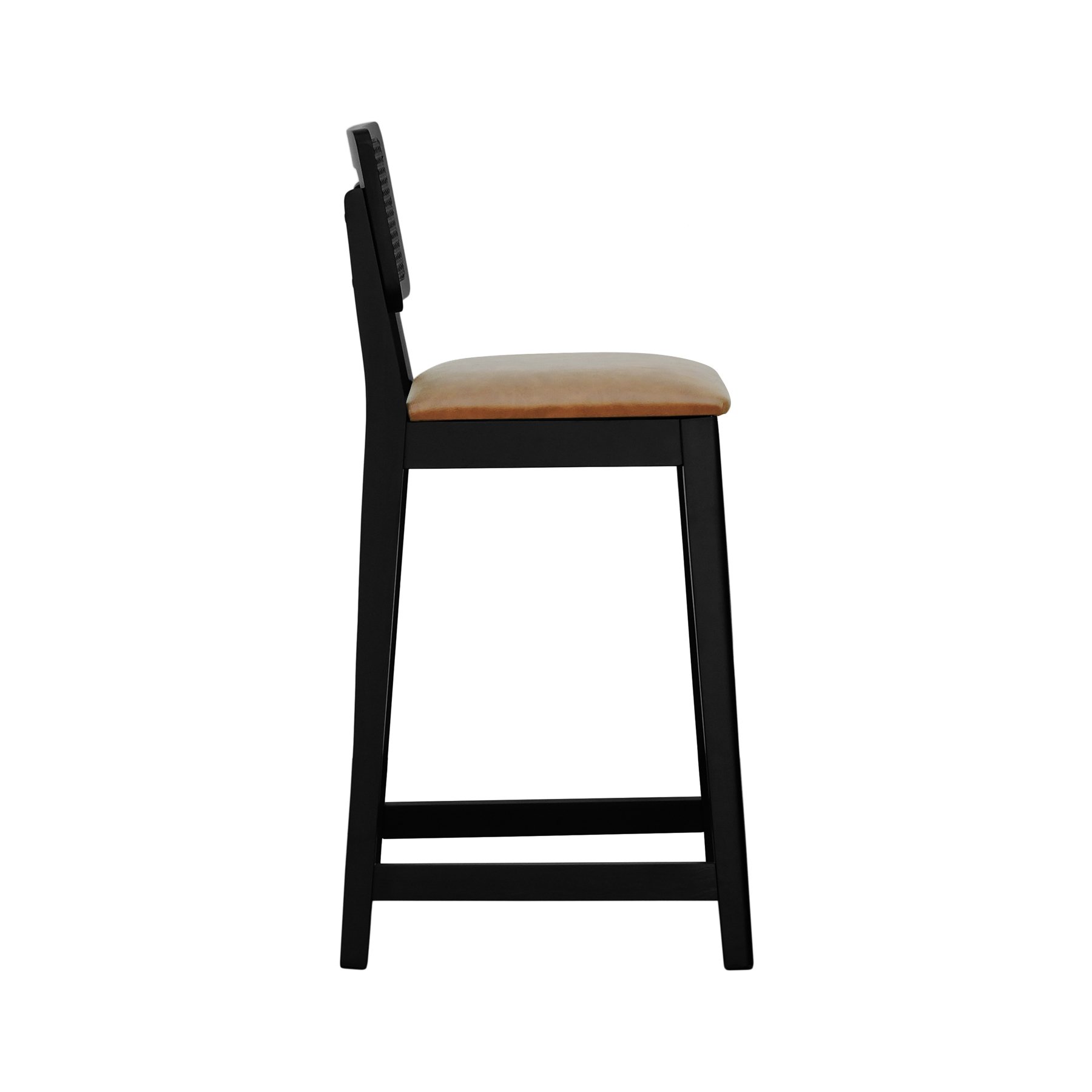 Banqueta Gabi Madeira Maciça Encosto c/ Telinha c/ 68cm Altura - Preto Assento Estofado Corano Marrom Mescla