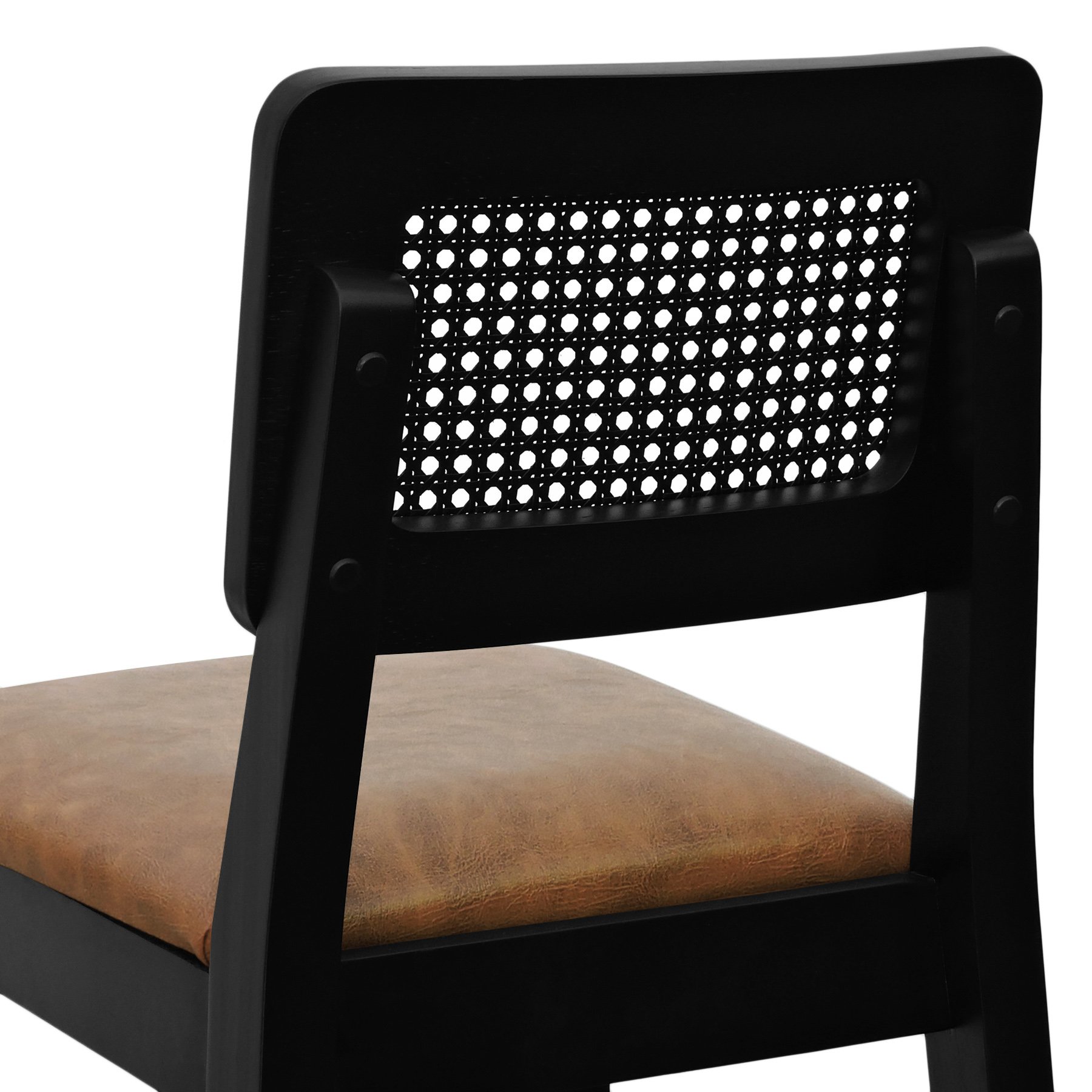 Banqueta Gabi Madeira Maciça Encosto c/ Telinha c/ 68cm Altura - Preto Assento Estofado Corano Marrom Mescla