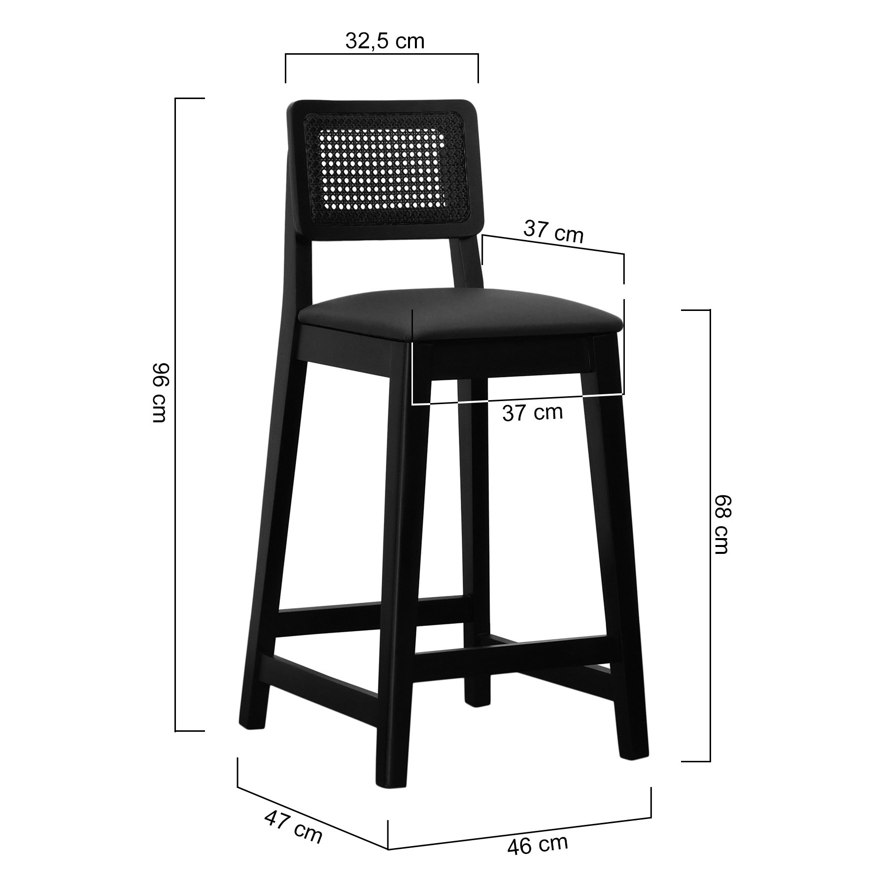 Banqueta Gabi Madeira Maciça Encosto c/ Telinha c/ 68cm Altura - Preto Assento Estofado Corano Preto