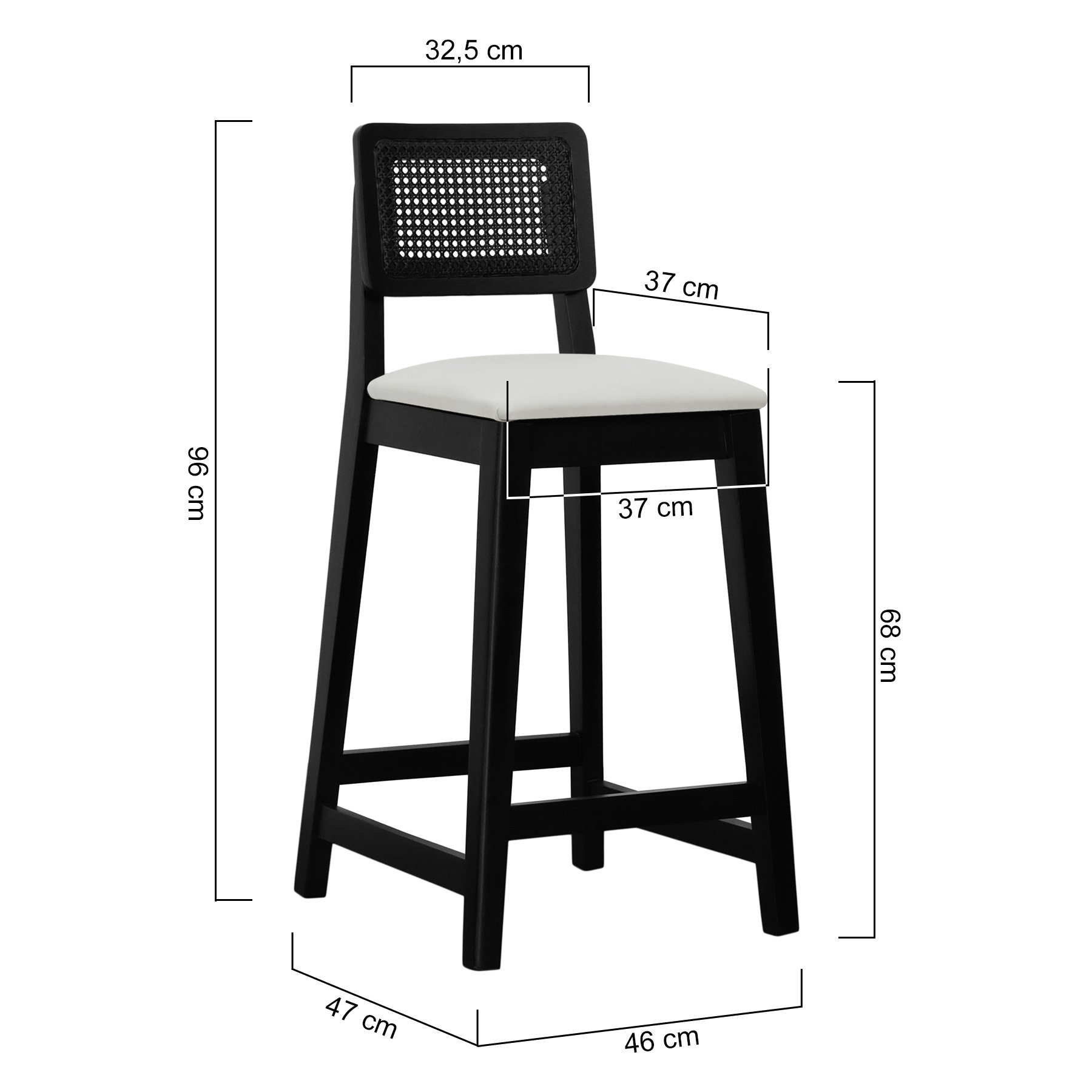 Banqueta Gabi Madeira Maciça Encosto c/ Telinha c/ 68cm Altura - Preto Assento Estofado Linho Bege
