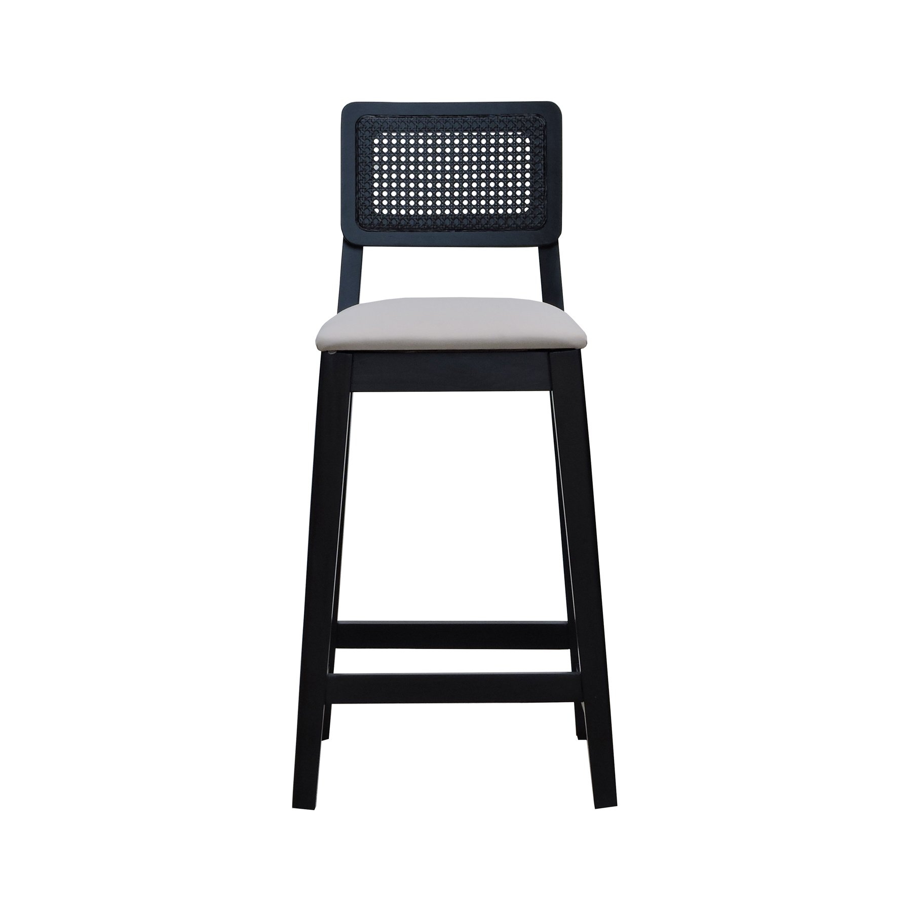 Banqueta Gabi Madeira Maciça Encosto c/ Telinha c/ 68cm Altura - Preto Assento Estofado Linho Bege