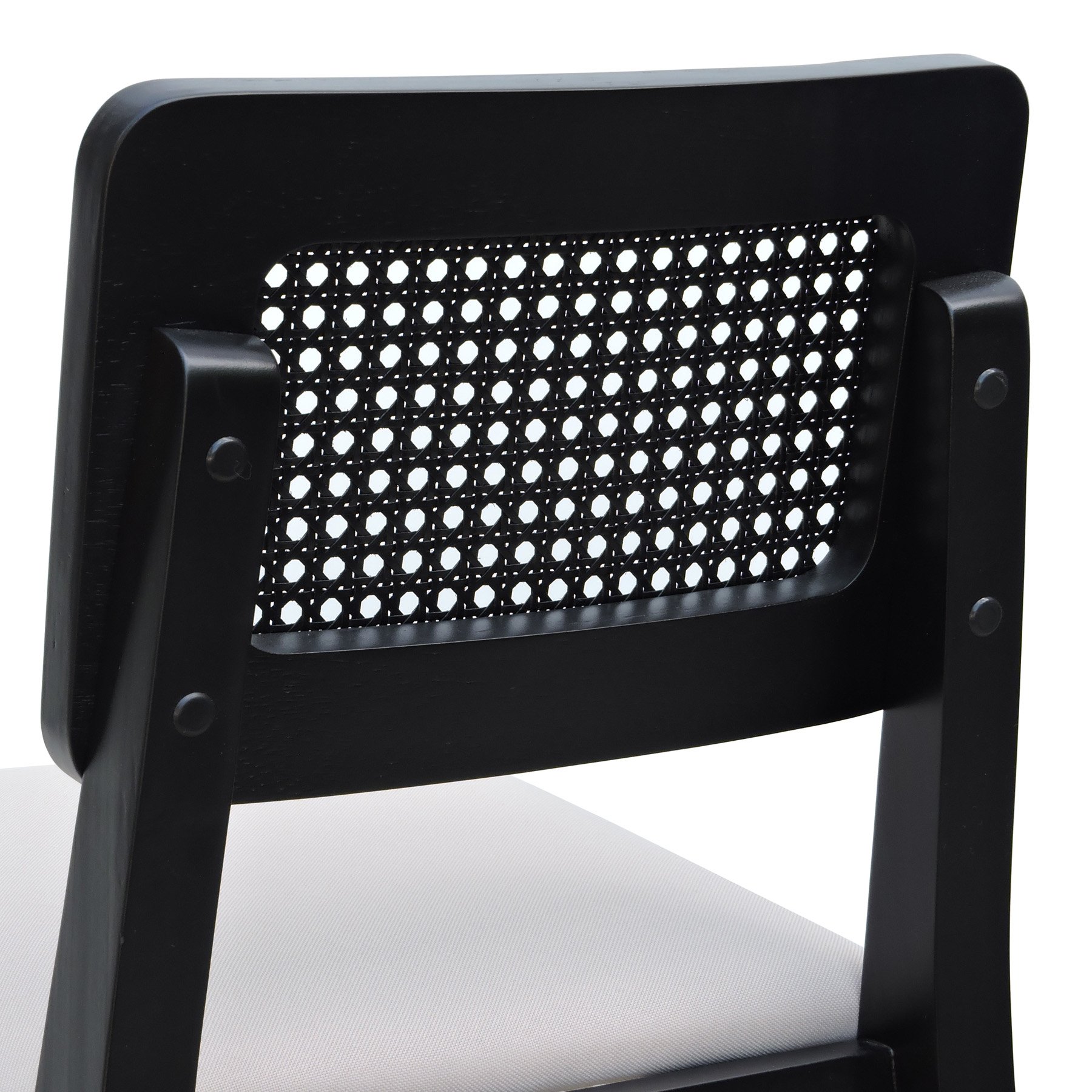 Banqueta Gabi Madeira Maciça Encosto c/ Telinha c/ 68cm Altura - Preto Assento Estofado Linho Bege