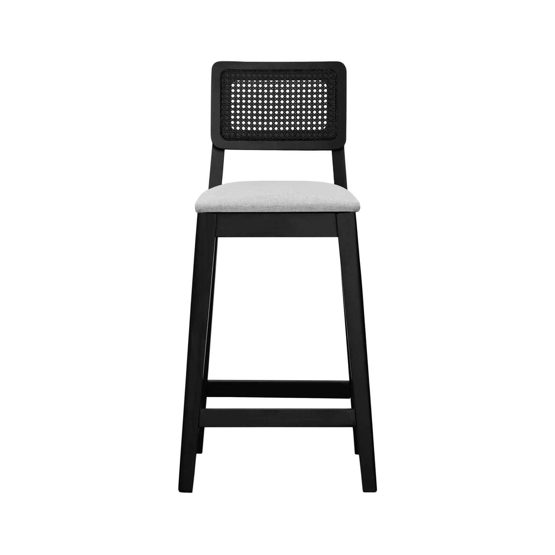 Banqueta Gabi Madeira Maciça Encosto c/ Telinha c/ 68cm Altura - Preto Assento Estofado Linho Bege Mescla Impermeável