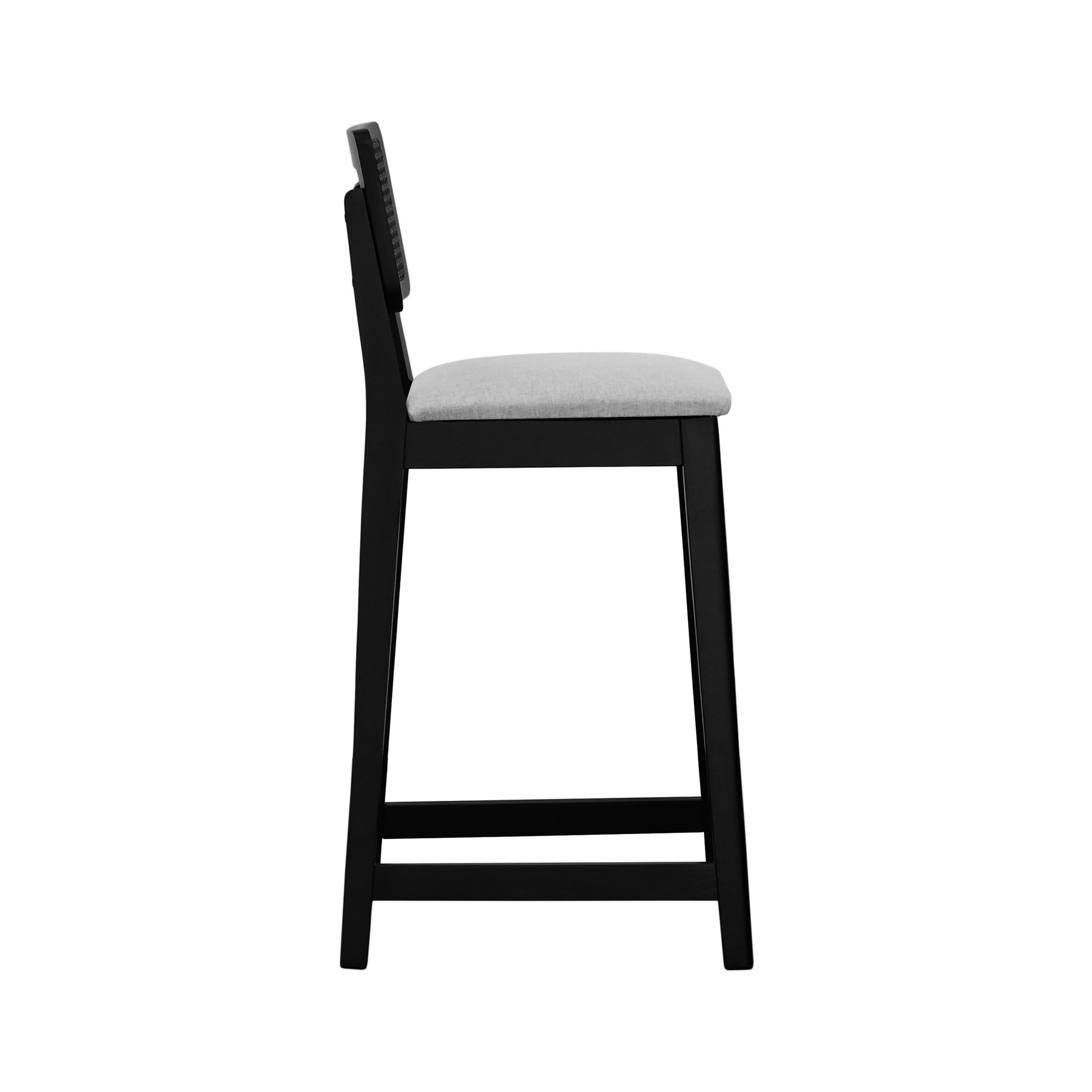 Banqueta Gabi Madeira Maciça Encosto c/ Telinha c/ 68cm Altura - Preto Assento Estofado Linho Bege Mescla Impermeável