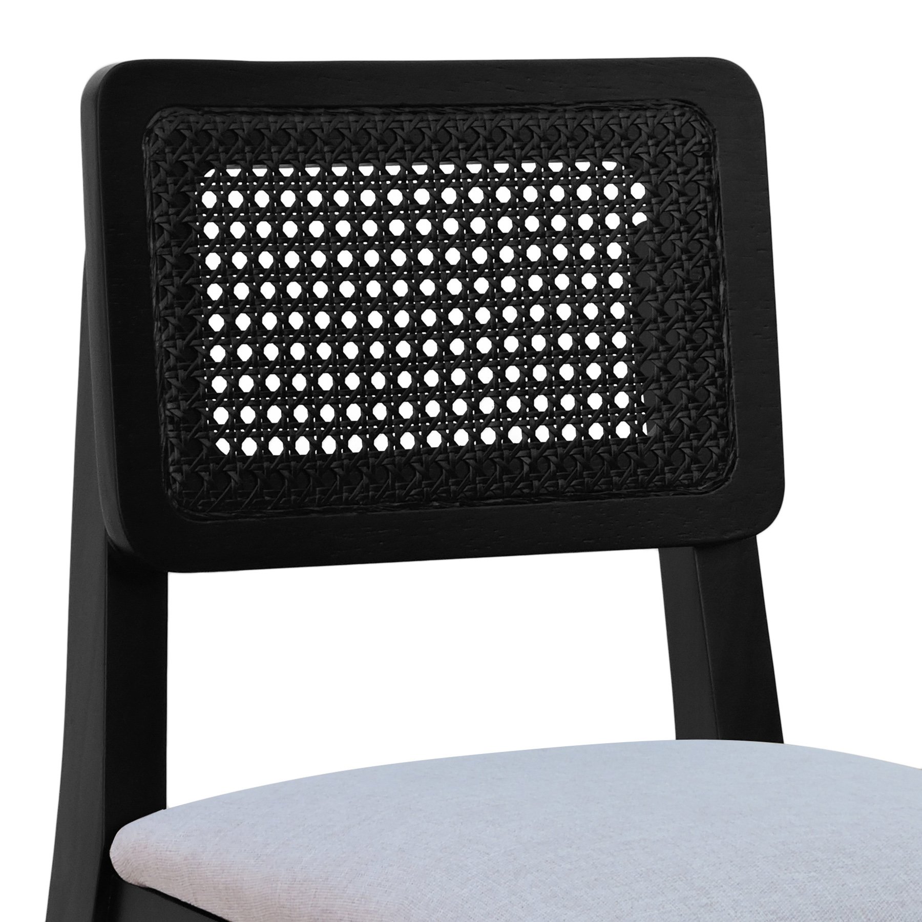 Banqueta Gabi Madeira Maciça Encosto c/ Telinha c/ 68cm Altura - Preto Assento Estofado Linho Bege Mescla Impermeável