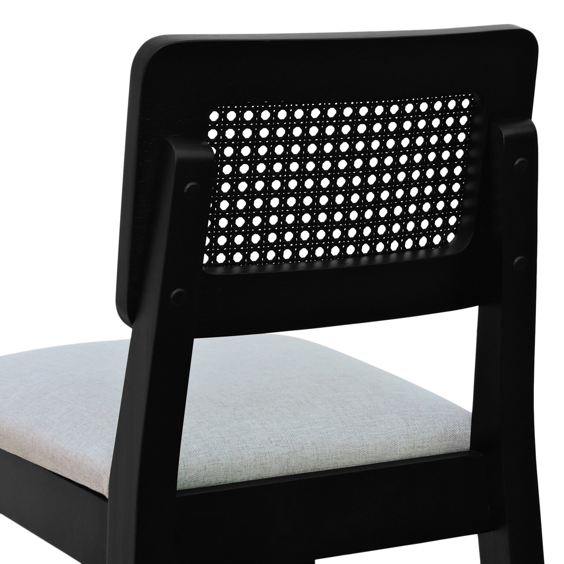 Banqueta Gabi Madeira Maciça Encosto c/ Telinha c/ 68cm Altura - Preto Assento Estofado Linho Bege Mescla Impermeável