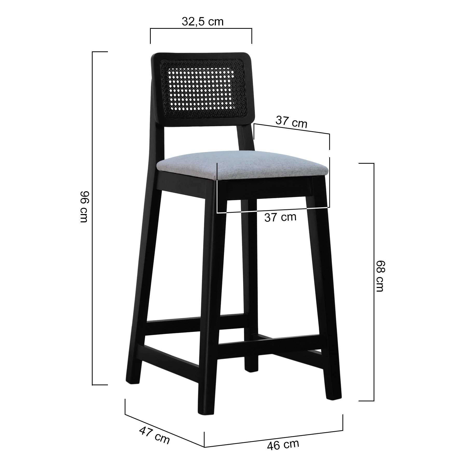 Banqueta Gabi Madeira Maciça Encosto c/ Telinha c/ 68cm Altura - Preto Assento Estofado Linho Cinza Mescla Impermeável