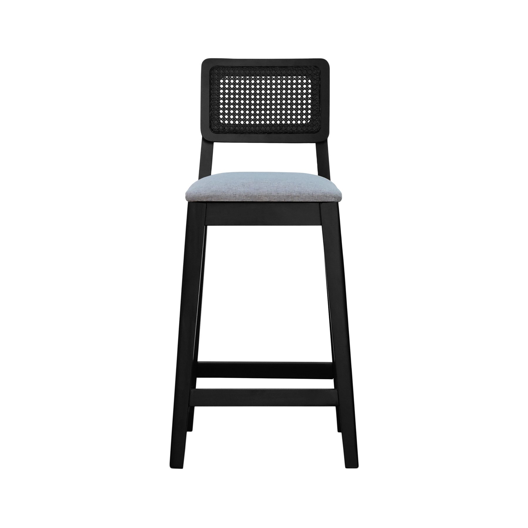 Banqueta Gabi Madeira Maciça Encosto c/ Telinha c/ 68cm Altura - Preto Assento Estofado Linho Cinza Mescla Impermeável