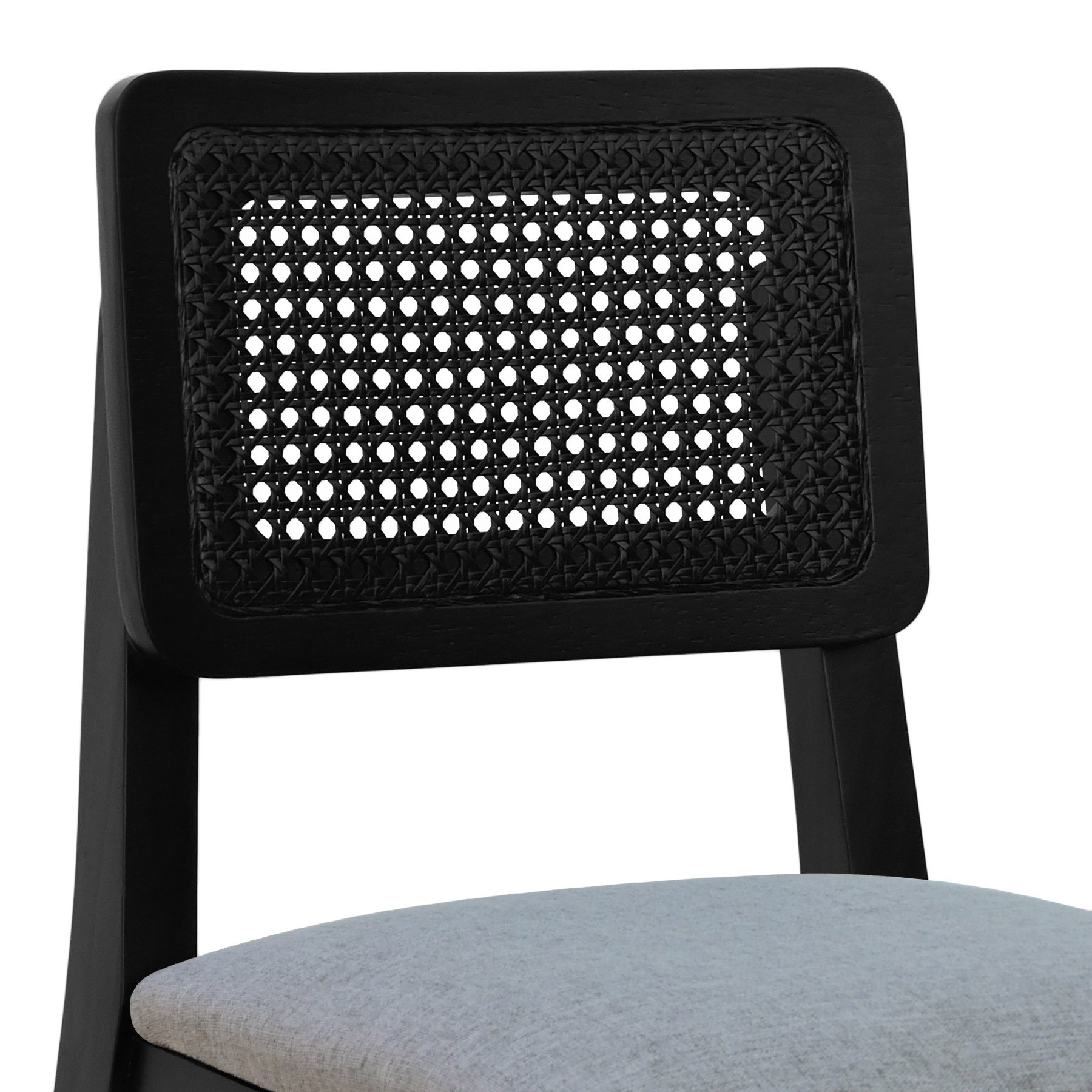 Banqueta Gabi Madeira Maciça Encosto c/ Telinha c/ 68cm Altura - Preto Assento Estofado Linho Cinza Mescla Impermeável