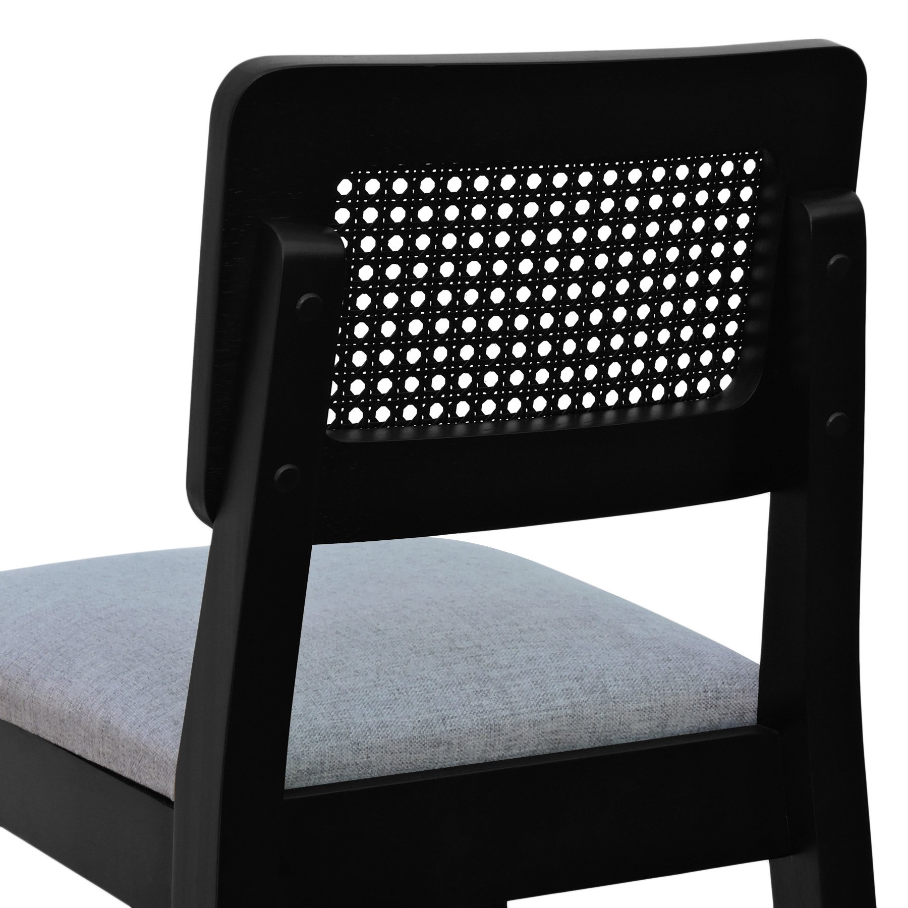 Banqueta Gabi Madeira Maciça Encosto c/ Telinha c/ 68cm Altura - Preto Assento Estofado Linho Cinza Mescla Impermeável