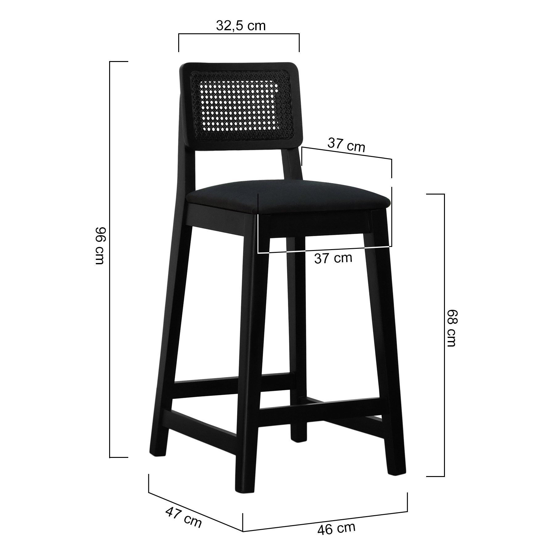 Banqueta Gabi Madeira Maciça Encosto c/ Telinha c/ 68cm Altura - Preto Assento Estofado Linho Preto Textura