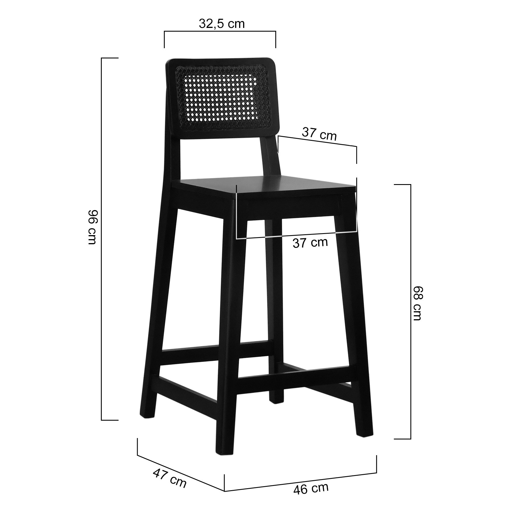 Banqueta Gabi Madeira Maciça Encosto c/ Telinha c/ 68cm Altura - Preto Assento Madeira Preto
