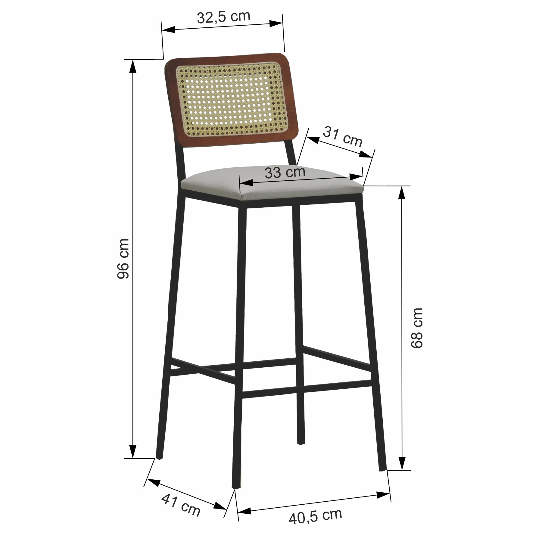 Banqueta Gabi Metal Encosto Anatômico Telinha Natural Assento Estofado - Preto/Amêndoa Corano Bege