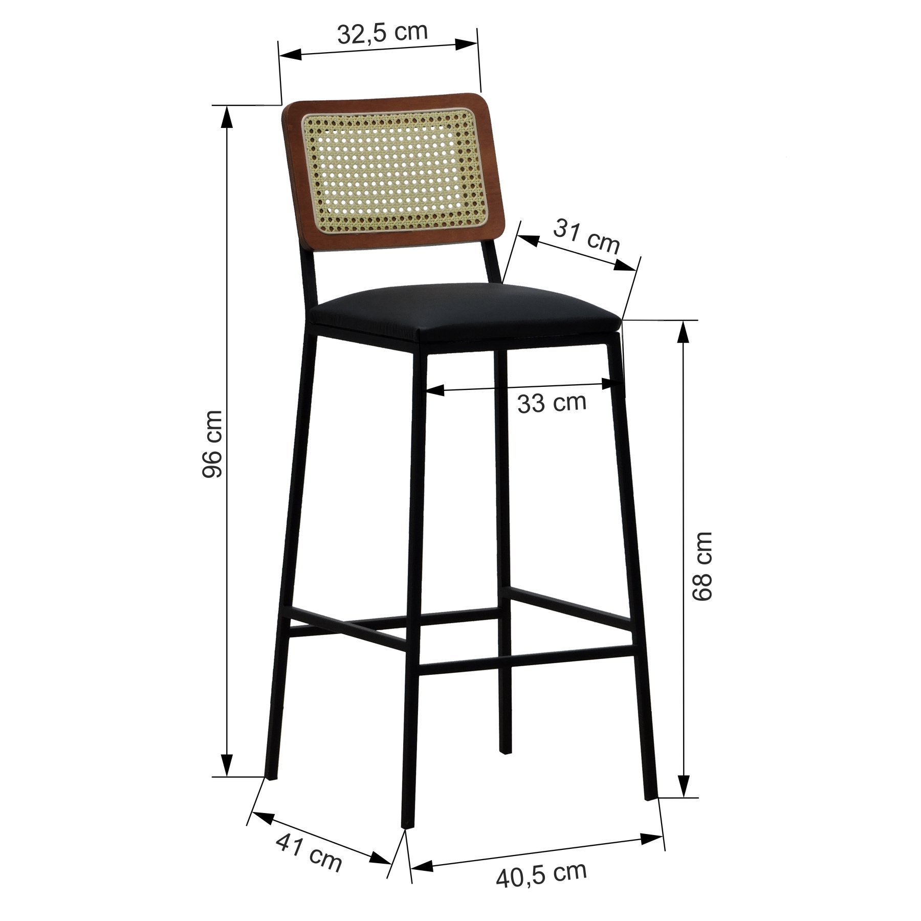 Banqueta Gabi Metal Encosto Anatômico Telinha Natural Assento Estofado - Preto/Amêndoa Corano Preto