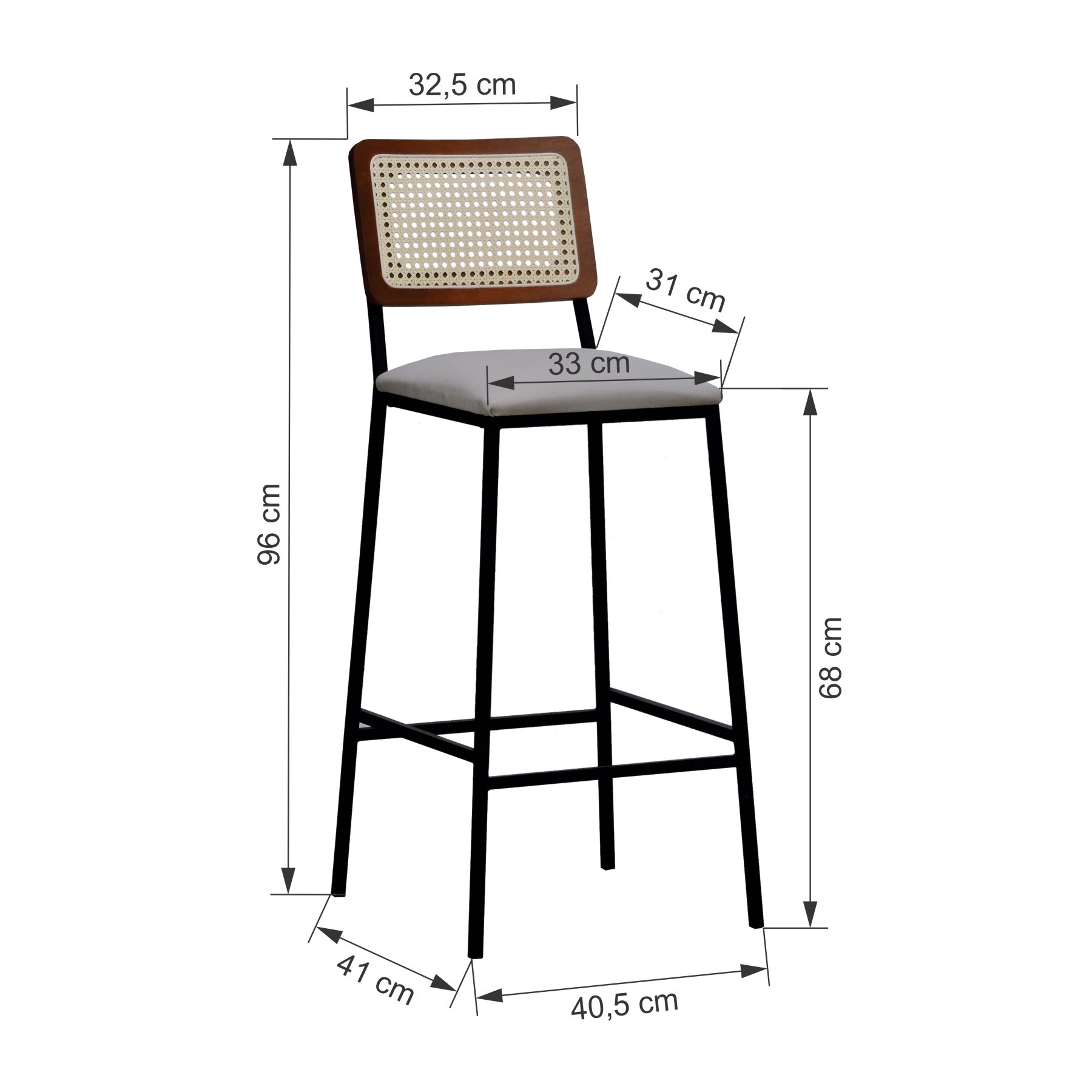 Banqueta Gabi Metal Encosto Anatômico Telinha Natural Assento Estofado - Preto/Amêndoa Linho Bege