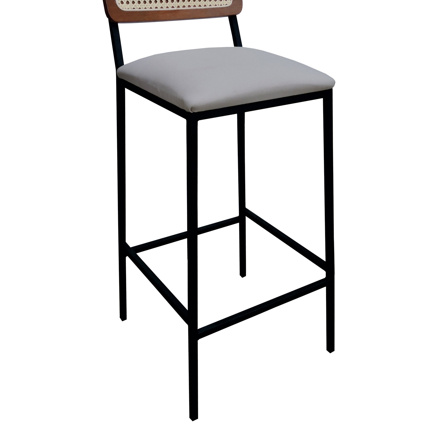 Banqueta Gabi Metal Encosto Anatômico Telinha Natural Assento Estofado - Preto/Amêndoa Linho Bege