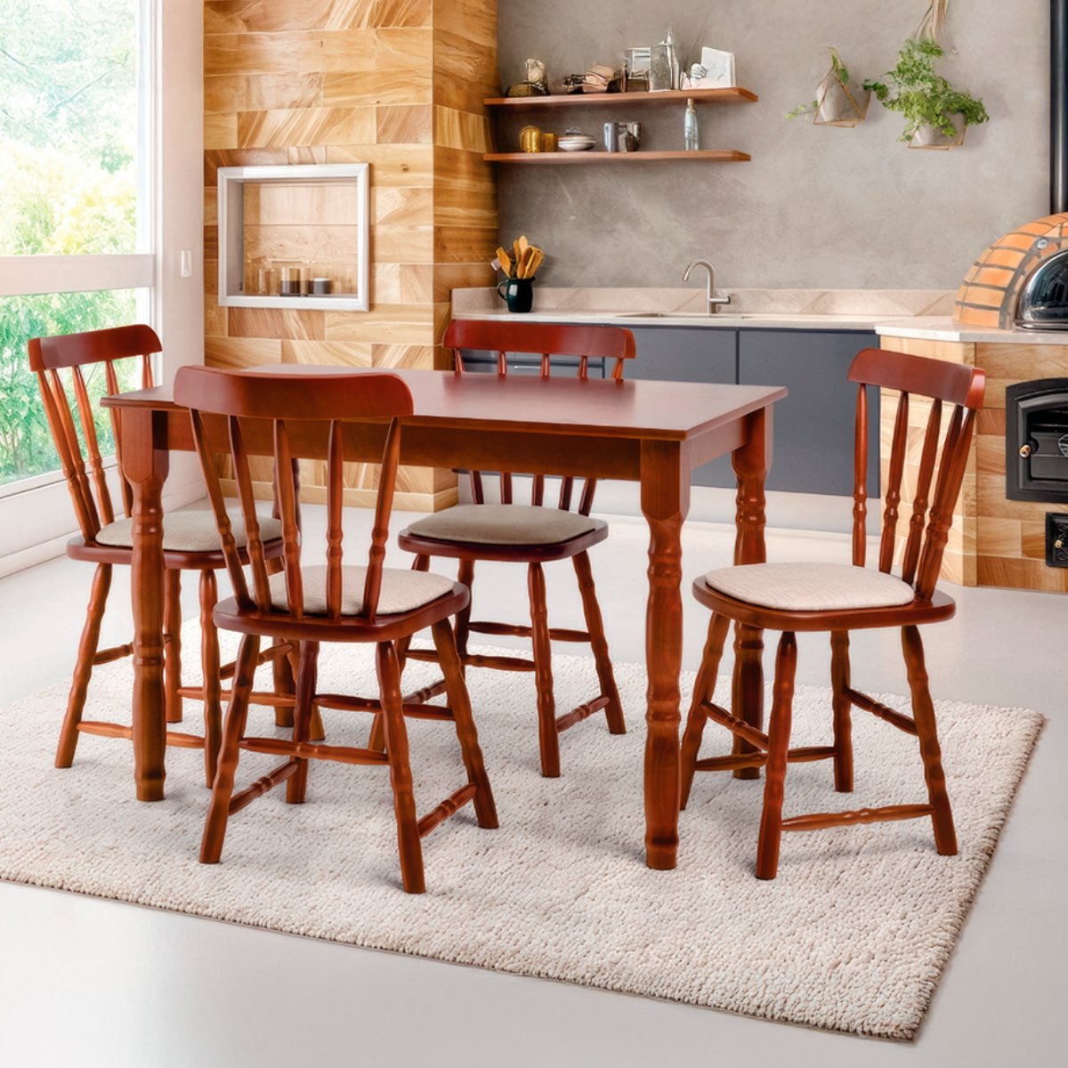 Conjunto Mesa Jantar Madeira/MDF com 4 Cadeiras Estofadas- Dalas Imbuia