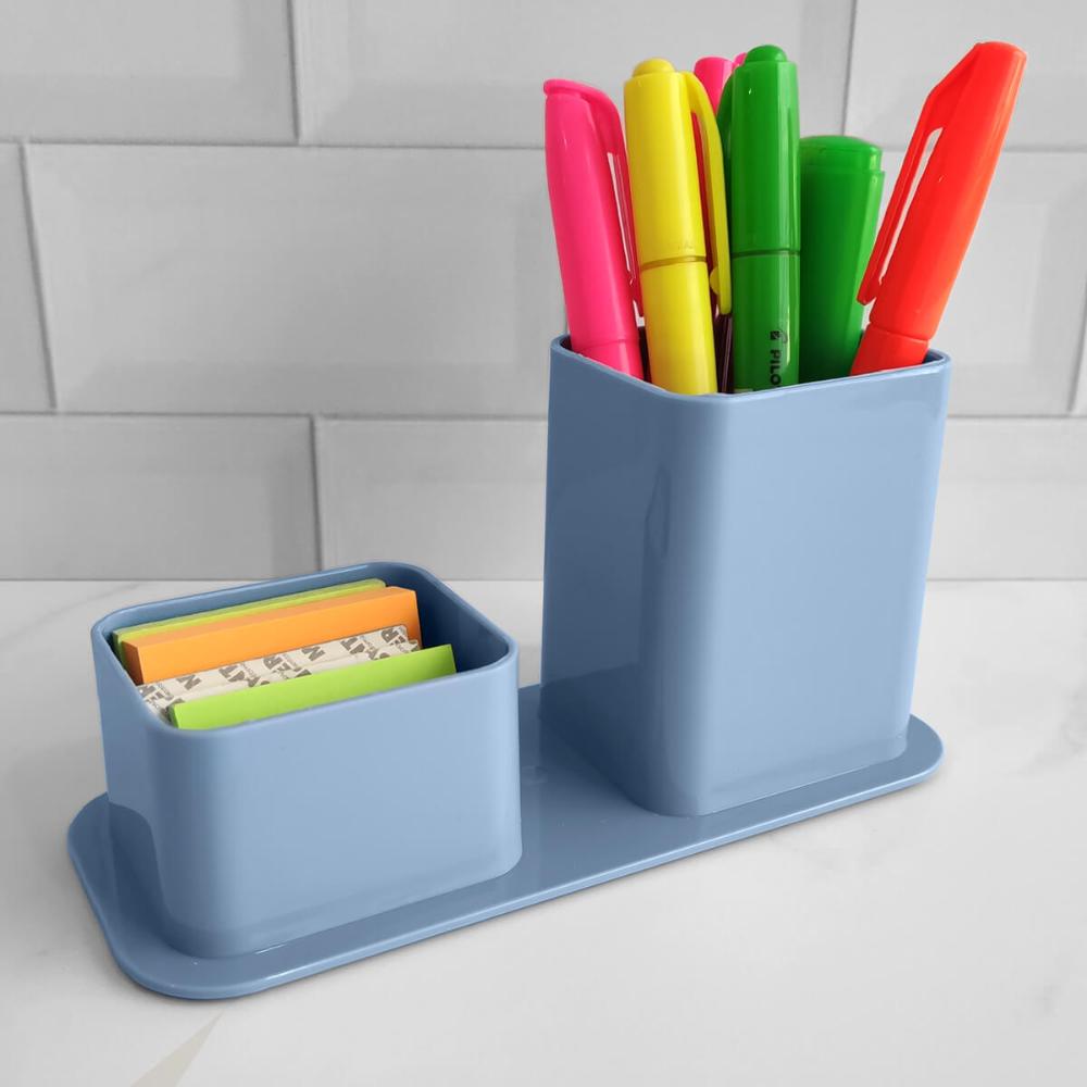 Kit 2 Organizadores de Mesa Escritório Porta Canetas Objetos Clips Azul Claro Dellocolor
