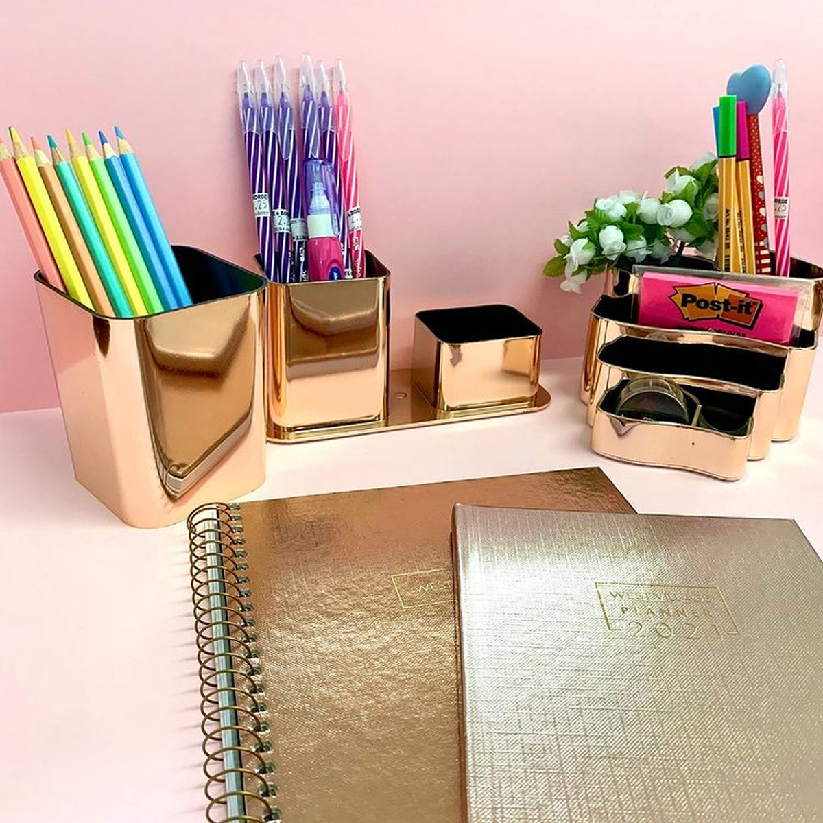 Kit 2 Porta Objetos Organizadores De Escritório Porta Lápis Rose Gold Metalizado Dello